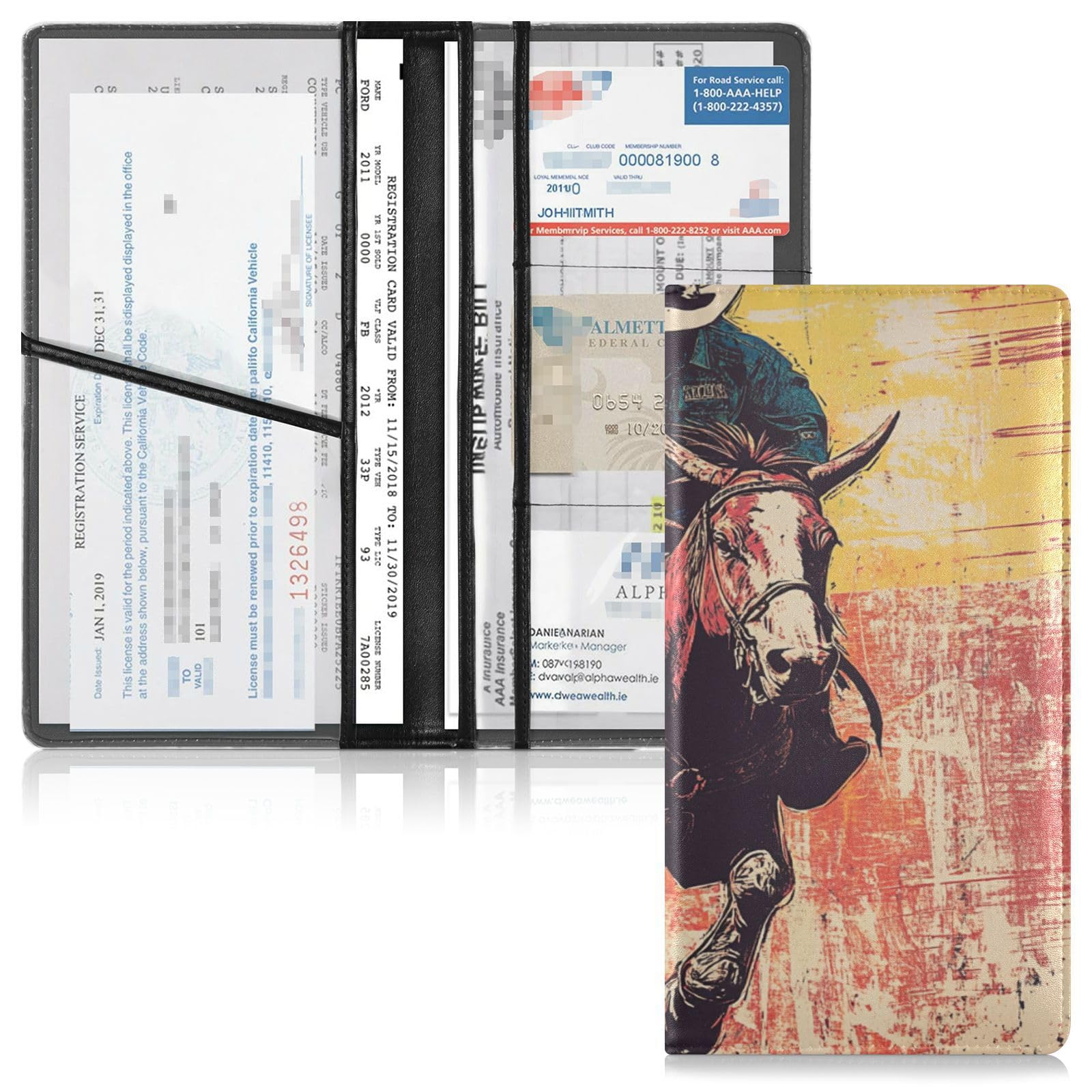 Leather Car Registration and Insurance Card Holder Men Women Automobile Wallet Case Organizer for Documents, Cards, License Western Cowboy Wild West