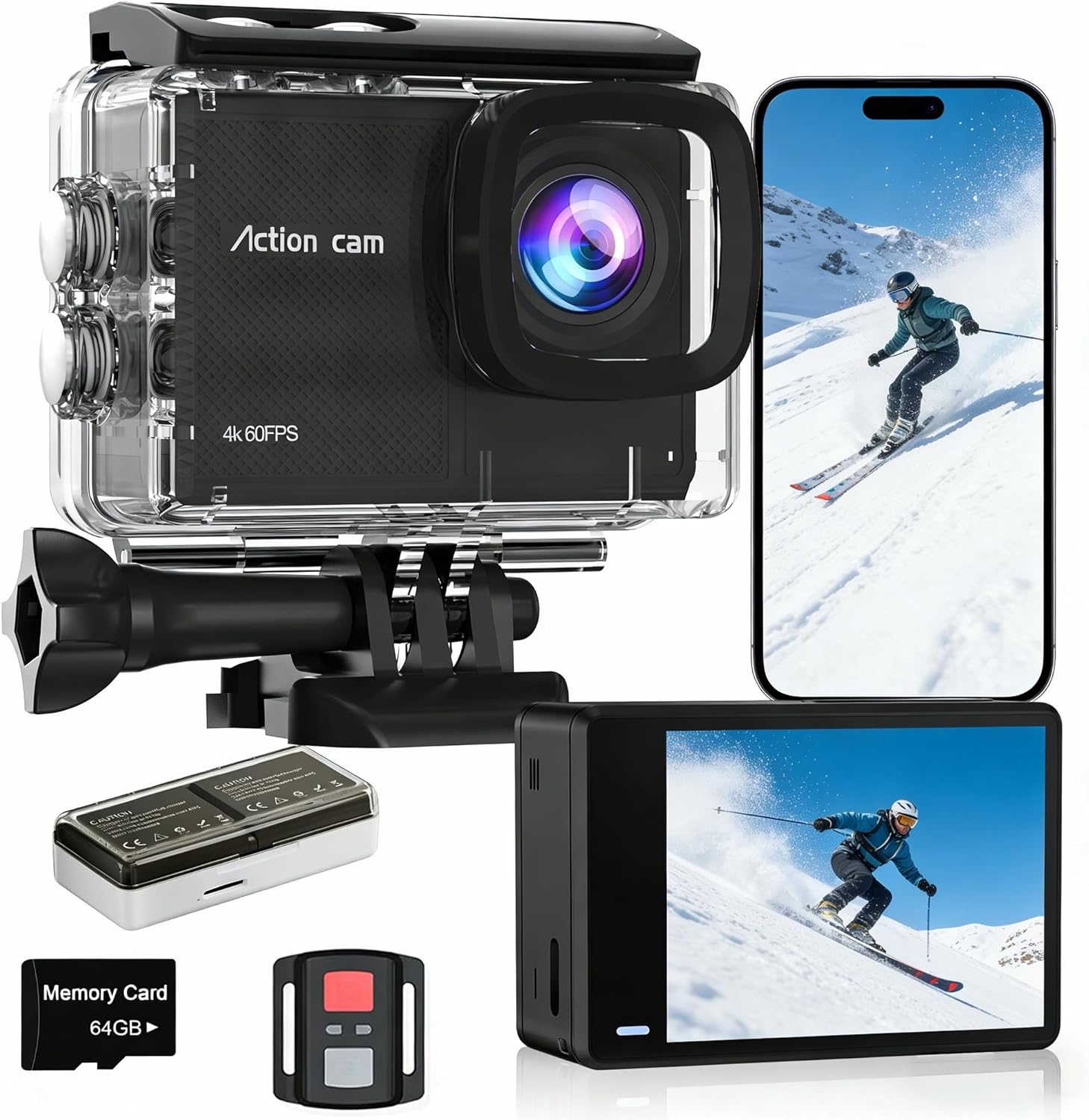 4K 60FPS Action Camera with 64GB SD Card- HD 48MP 40M Underwater Camera,8X Zoom Waterproof Camera EIS WIFI SportsCamera with 2×1350 Batteries Helmet Mount Accessories Kits