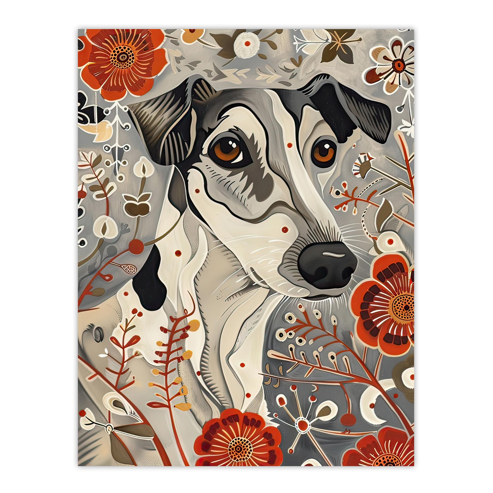 Jack Russell Terrier Pet in Wildflowers Wall Art Print - Artery8 - W24 inch x H32 inch - Grey