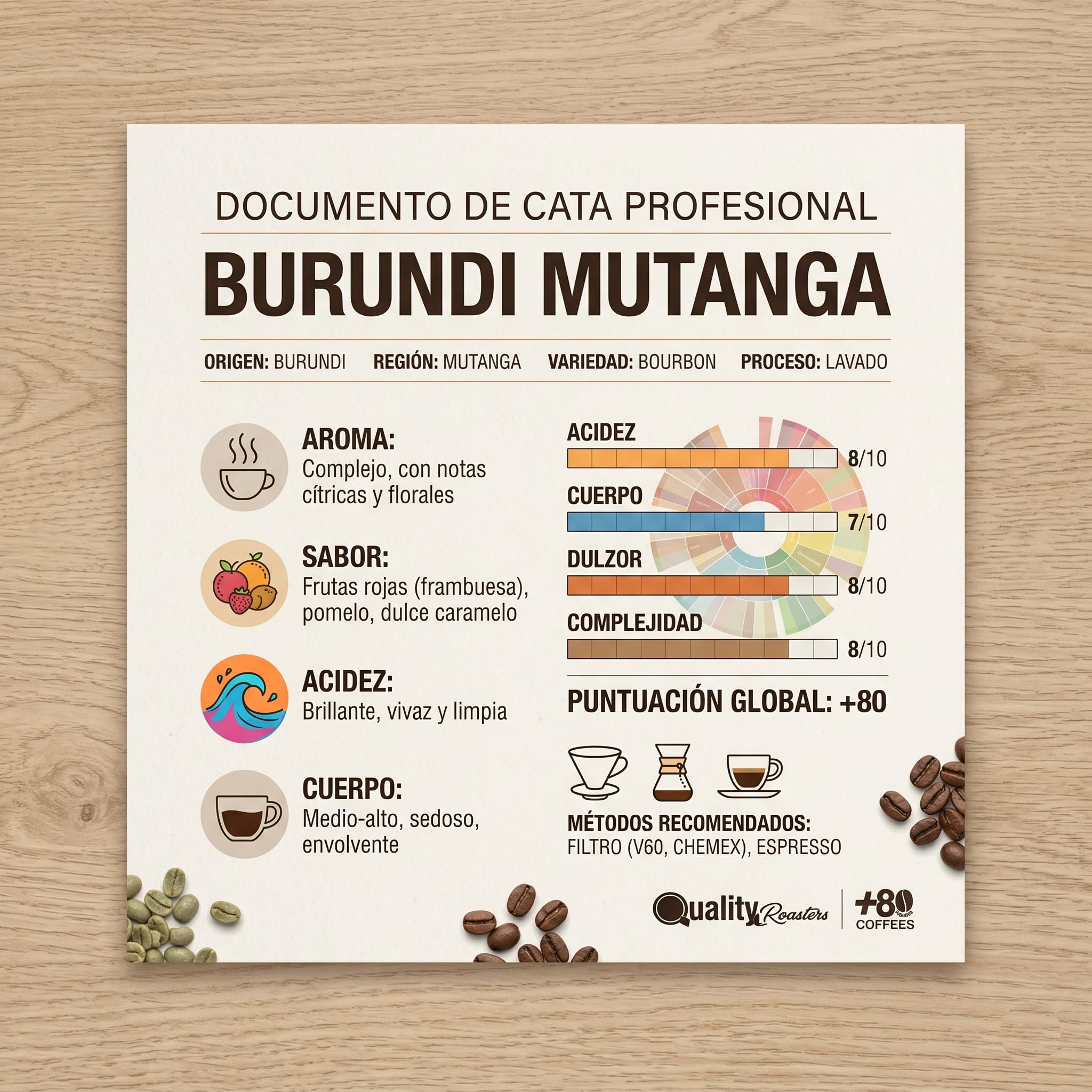 +80 Coffees by Quality Roasters Café de Especialidad Origen Burundi Mutanga, 100% Arábica, Puntuación SCA: 83,75, Tostado Artesanalmente, Grano Entero, 2000 Gr