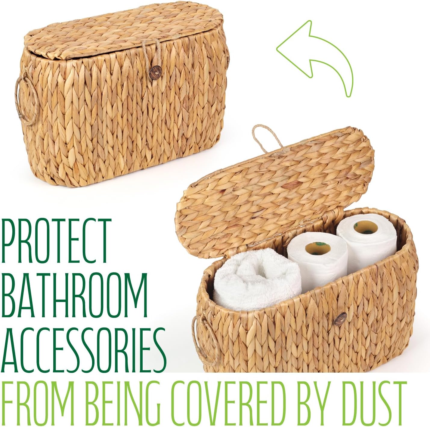 Toilet Paper Storage, Water Hyacinth Baskets with Lid, Toilet Paper Baskets for Storage Holder 6 Rolls, Papers Basket with Built-in Handles for Organizer, Bathroom Accessories Organizer