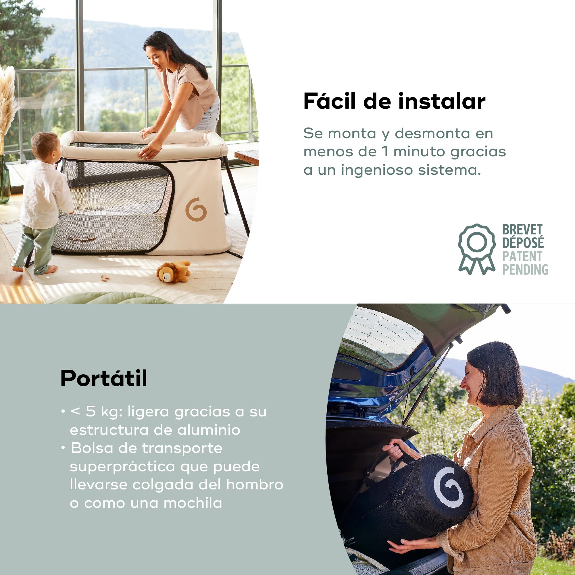 Babymoov Cuna Moov & Sleep, compacta y ligera (<5kg), Rápida de montar y plegar, Desde el nacimiento hasta los 4 años, Convertible en zona de juegos, Confortable, Densidad del colchón de 25kg/ms