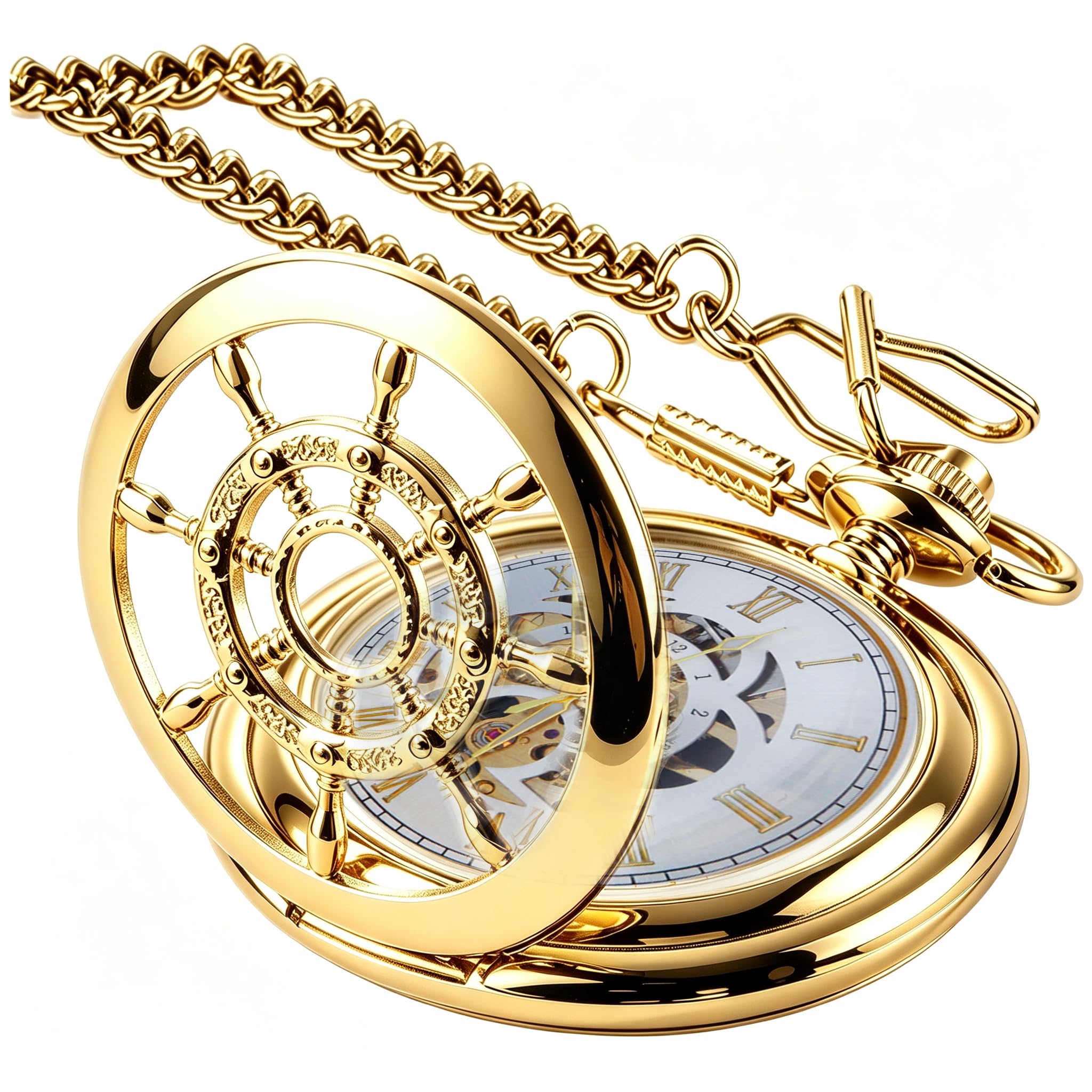 Men's Mechanical Hollow Rudder Design Hand Wind Pocket Watch Roman Numerals Steampunk with Chain Box