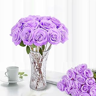 50PCS Artificial Roses with Long Stems - Realistic Silk Flowers, Fake Roses Real Touch Bouquet of Roses for Home Decor, Bridal Wedding Party Table Centerpieces, Bulk Faux Rose Flowers (Purple)