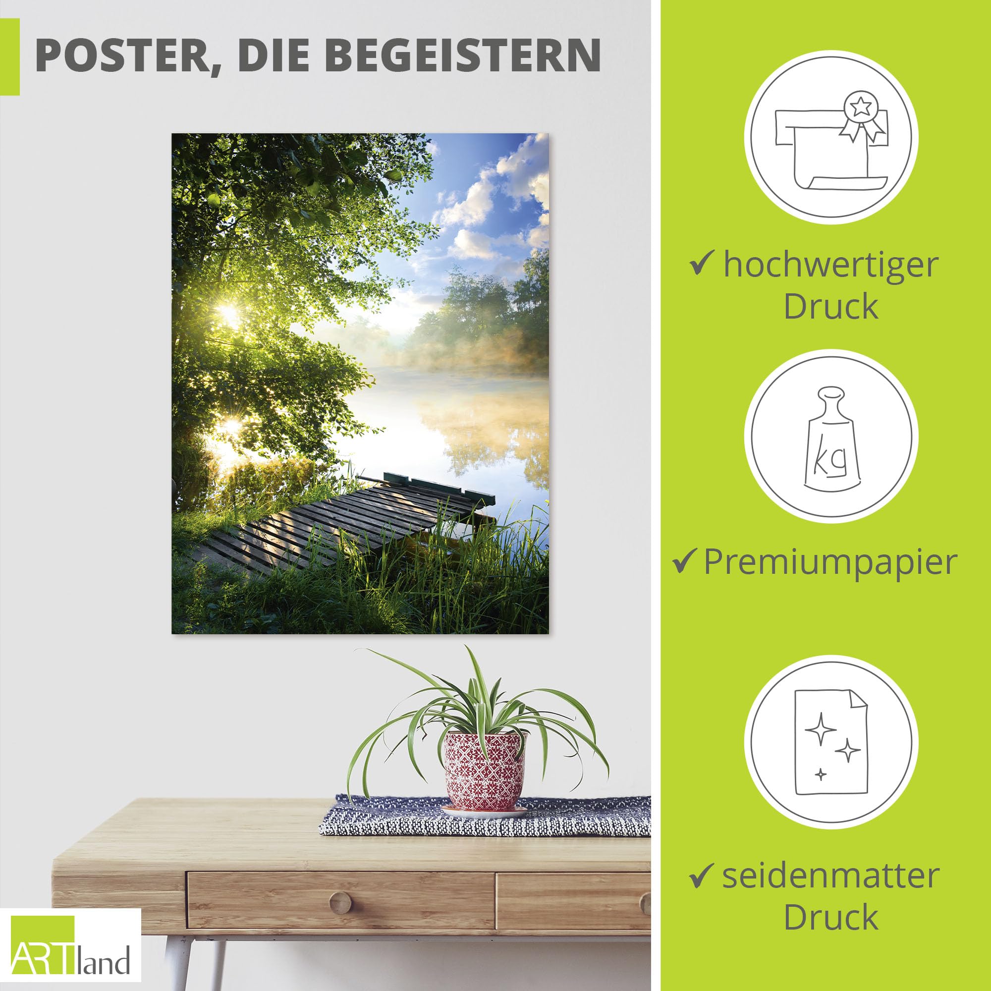 ARTLAND Wanddeko Poster & Kunstdrucke Wandposter 90x120 cm Natur Landschaft Wald Baum See Steg Sommer Sonne Gräser T0WD