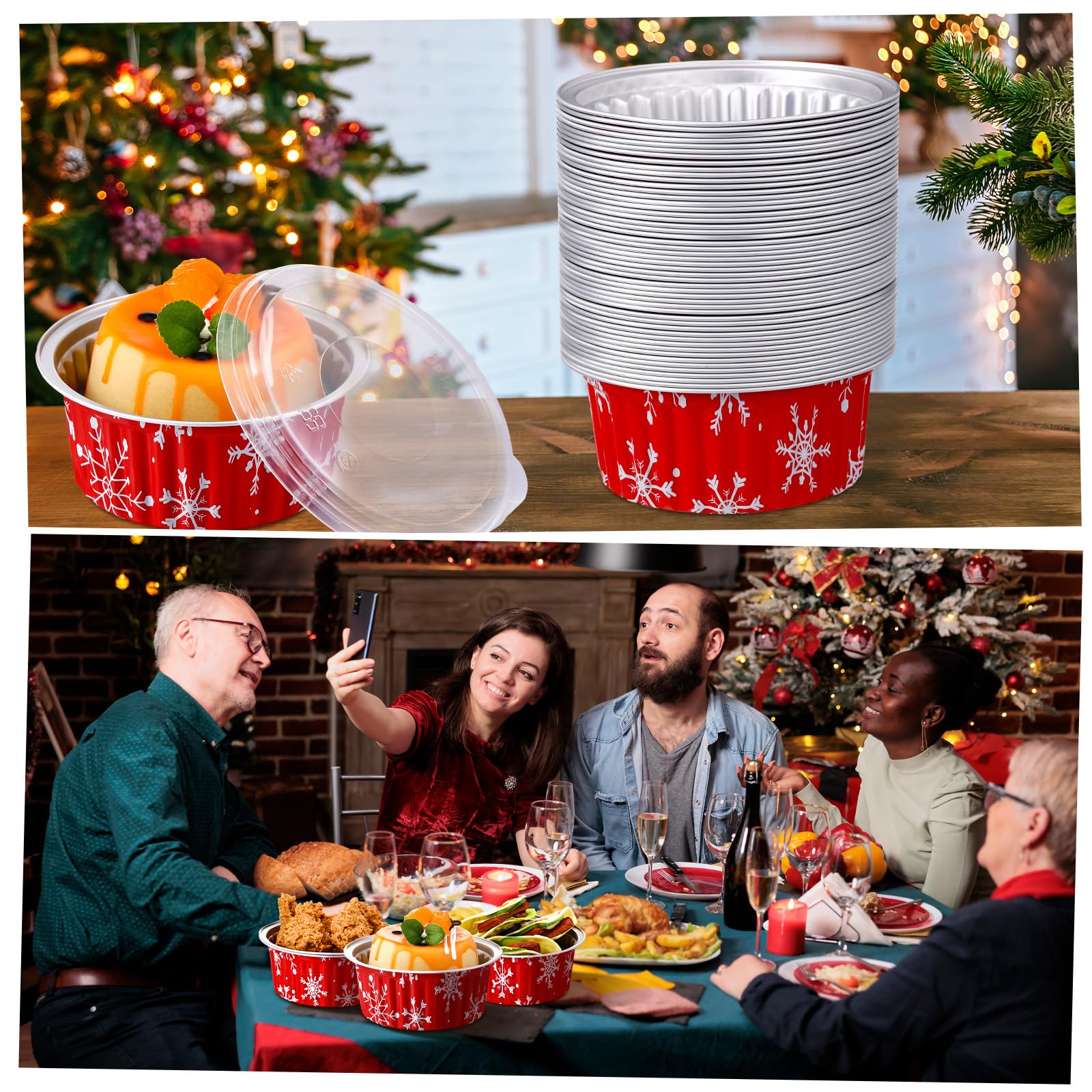 Ziliny 50 Stück 0,5 kg Weihnachts-Kastenformen mit Deckel, Weihnachtsschneeflocke, Aluminium, Brotbackformen, extra groß, 580 ml, Einweg-Kuchenformen, Backformen, Cupcake-Blechbehälter zum Backen von