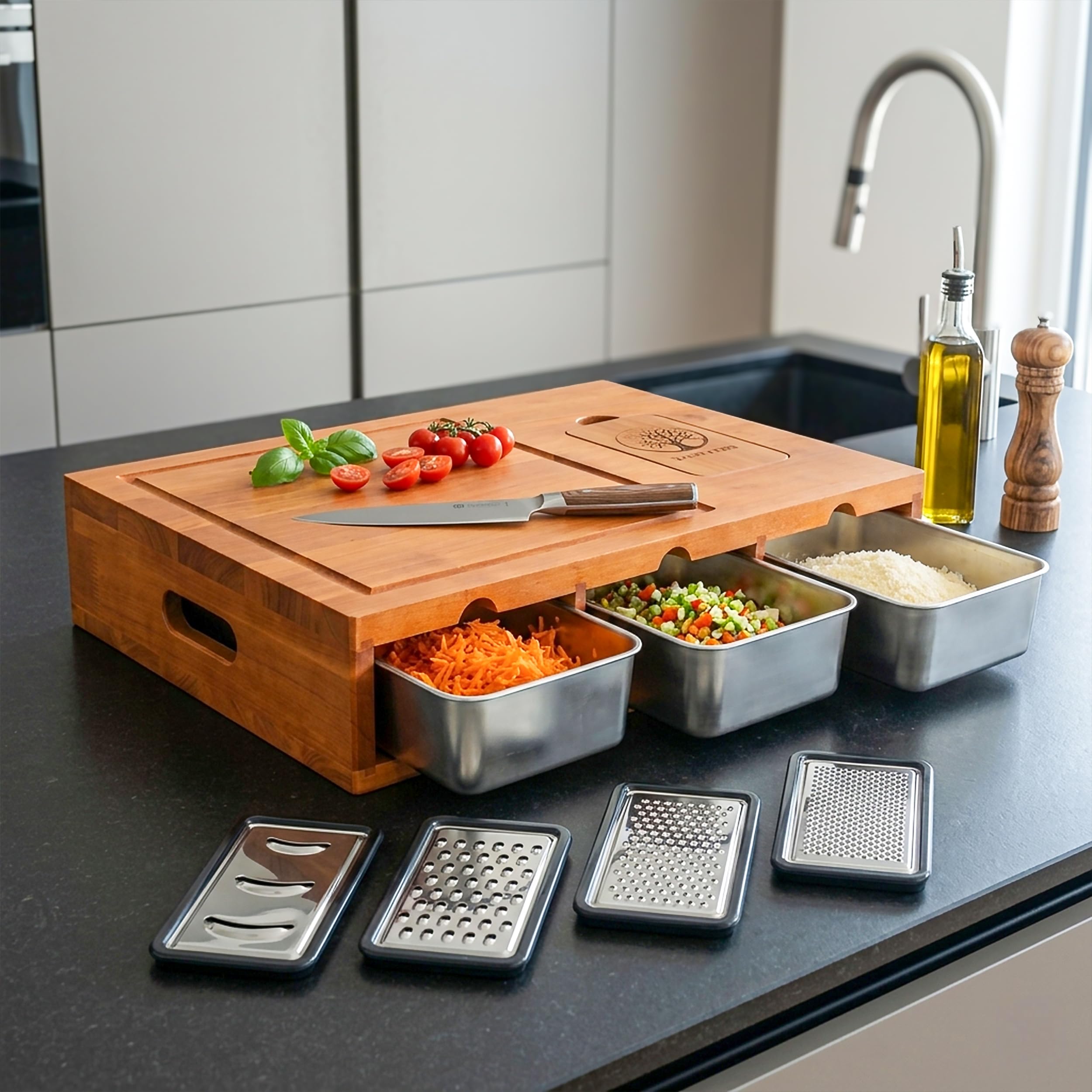 Premium XXL Küchenstation Schneidebrett mit Auffangschalen aus Kautschukholz 50x35 cm - Messerschonendes Holzbrett - Schneidebrett-Set mit 4 Edelstahl-Reiben