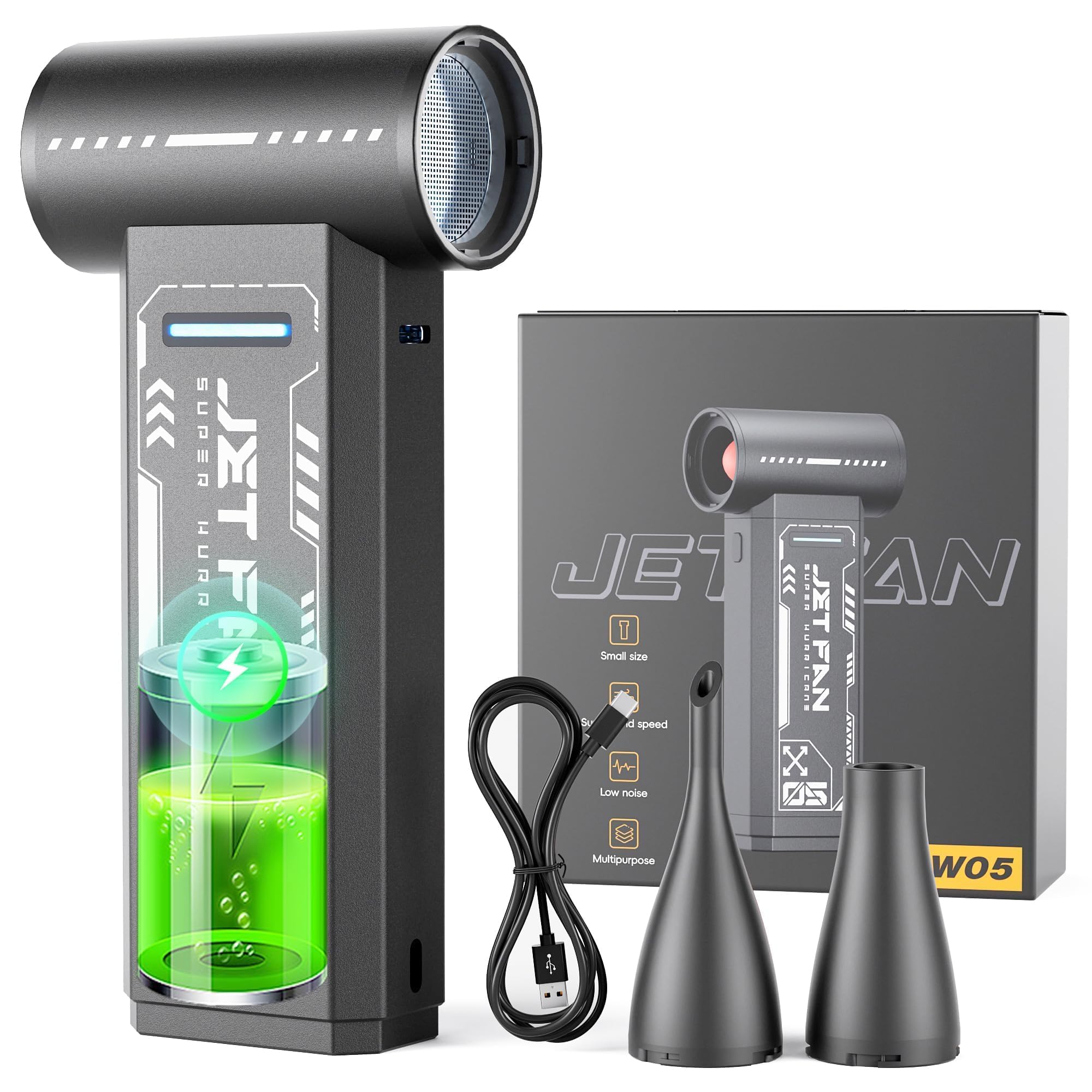 Electric Air Duster Jet Dry Blower, 4 Speeds 55m/s Compressed Air Duster 2 Nozzles CNC Aluminum Alloy Rechargeable Mini Jet Fan Air Blower for Car, Computer Keyboard, Home