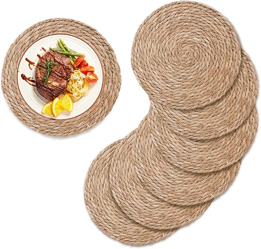 Woven Placemats Set of 6, 12.5" Round Placemats Set of 6 for Dining Table Decor and Accessories, Braided Straw Rattan Placemats Round for Farmhouse, Wicker Place Mats for Dinner Party Decor