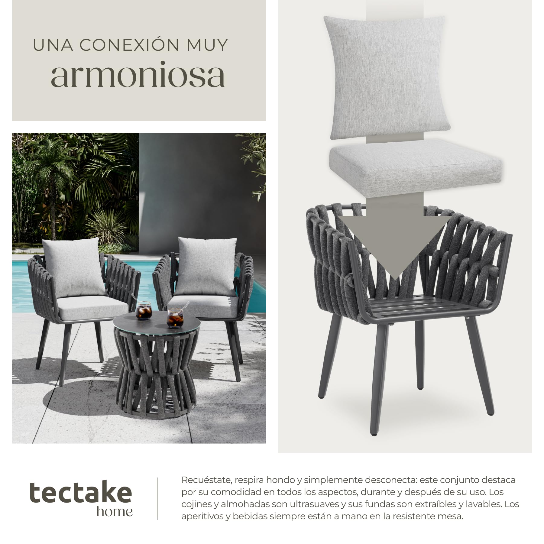 tectake® Conjunto Jardin Exterior con Mesa Terraza Exterior y Silla Ratan de Aluminio, Muebles de Terraza Resistentes, Muebles de Jardin - 2 Sillas y 1 Mesa