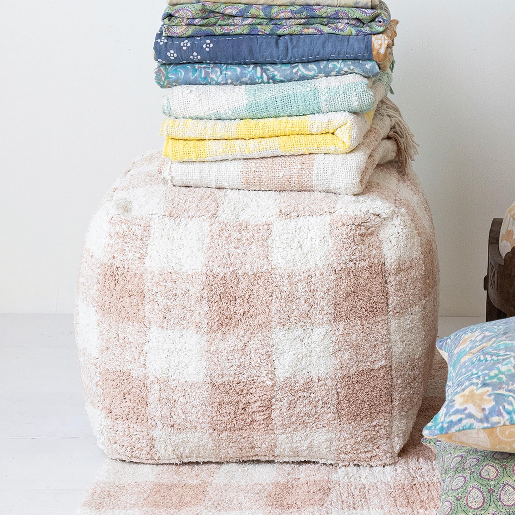 Creative Co-Op Cotton Tufted Pouf with Plaid Pattern, Blush and Cream