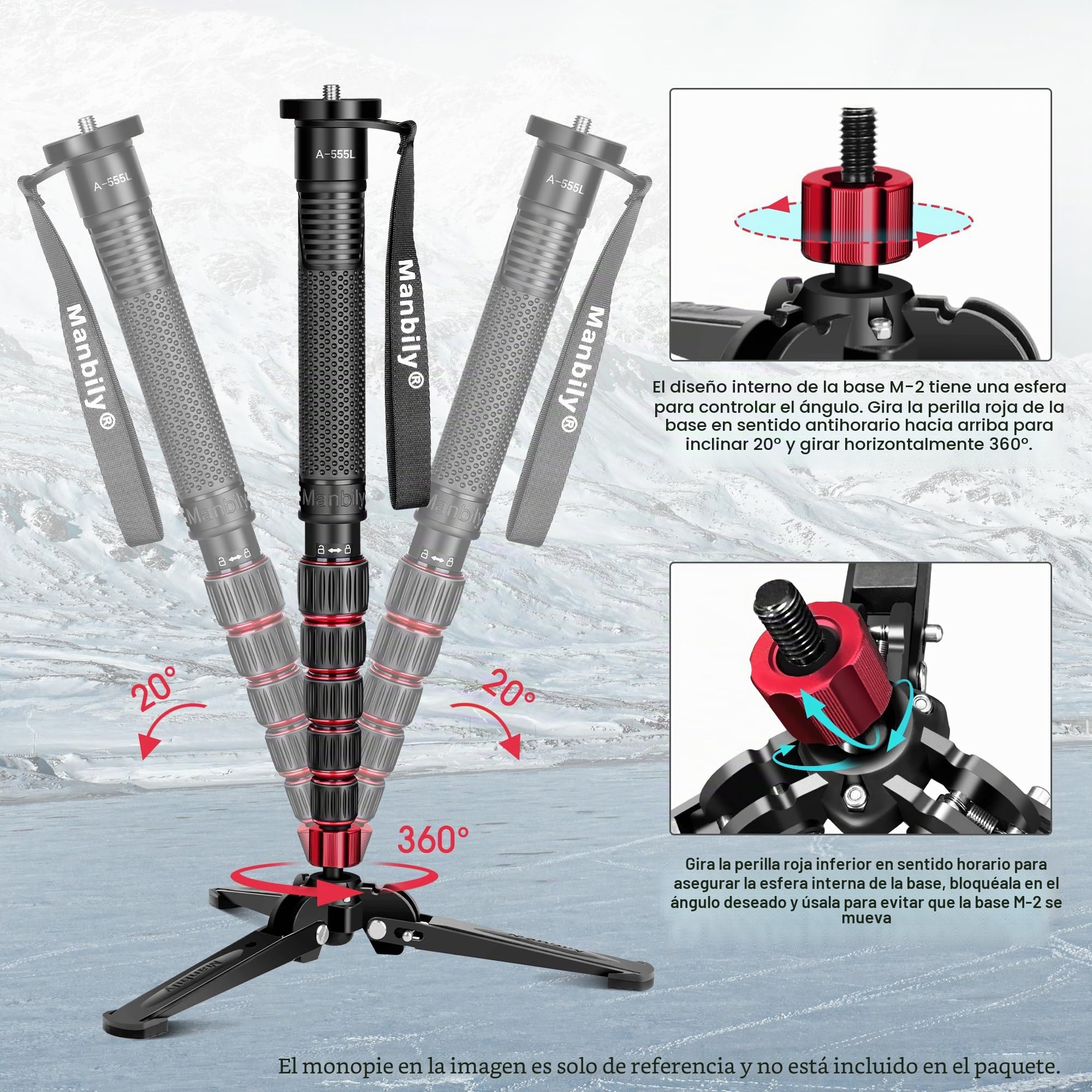 Manbily Mini base de trípode para monopiés, trípodes de escritorio de tornillo de 3/8 pulgadas con tres pies, soporte monopié, viaje para videocámara DSLR de cabeza fluida, inclinación de 20° y