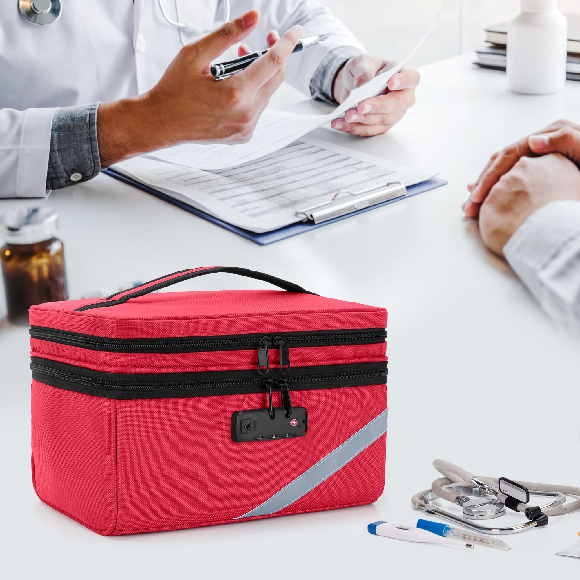Trunab Borsa Medica Piccola con Lucchetto a Combinazione, Borsa da Viaggio Medica Chiudibile con Mini Custodia per Casa, Viaggio, Emergenza, Rosso (Borsa Vuota), Design Brevettato