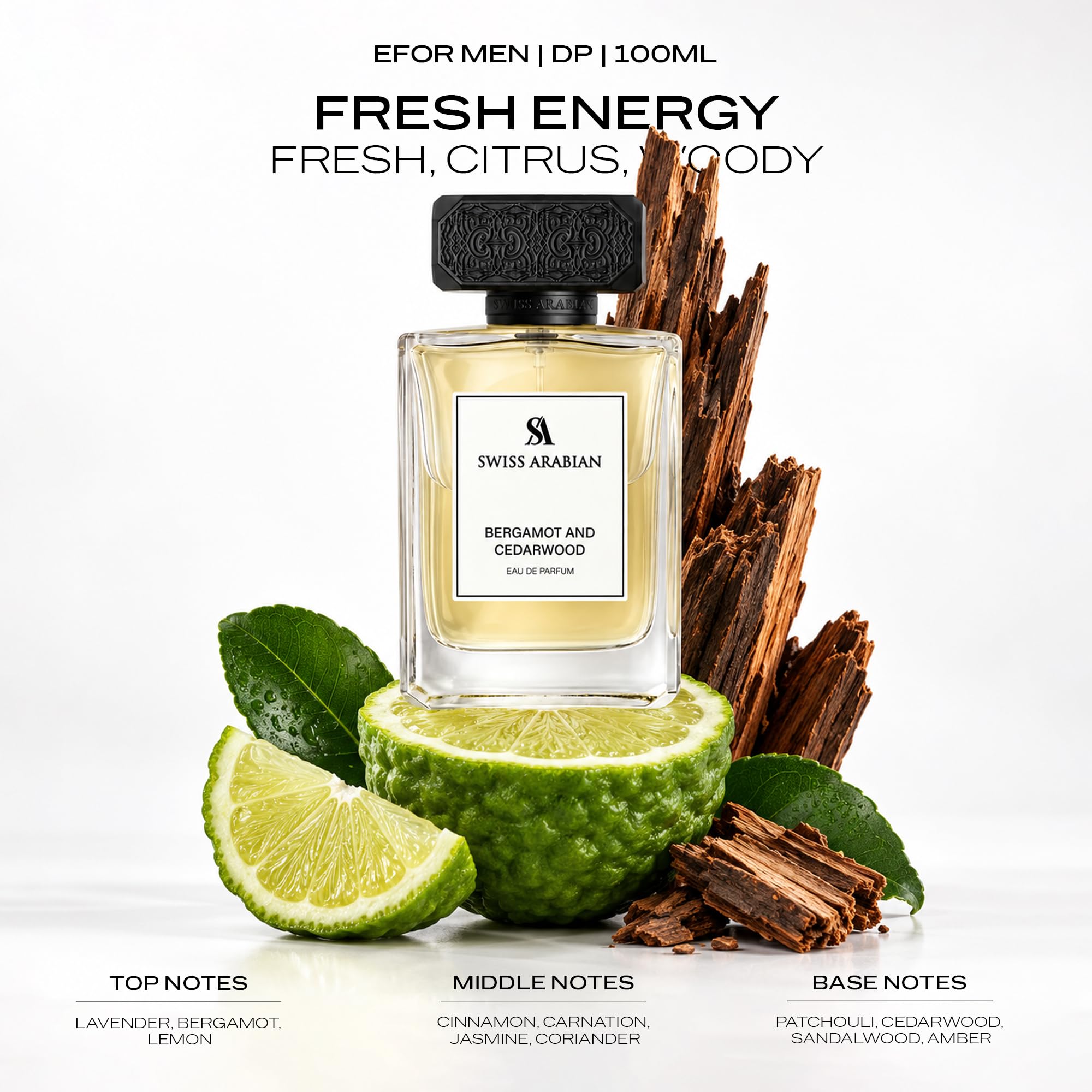Swiss Arabian Bergamot and Cedarwood - Eau de Parfum for Men 100 ml, una fusione audace di agrumi piccanti e legno terroso, un profumo tonificante e sofisticato