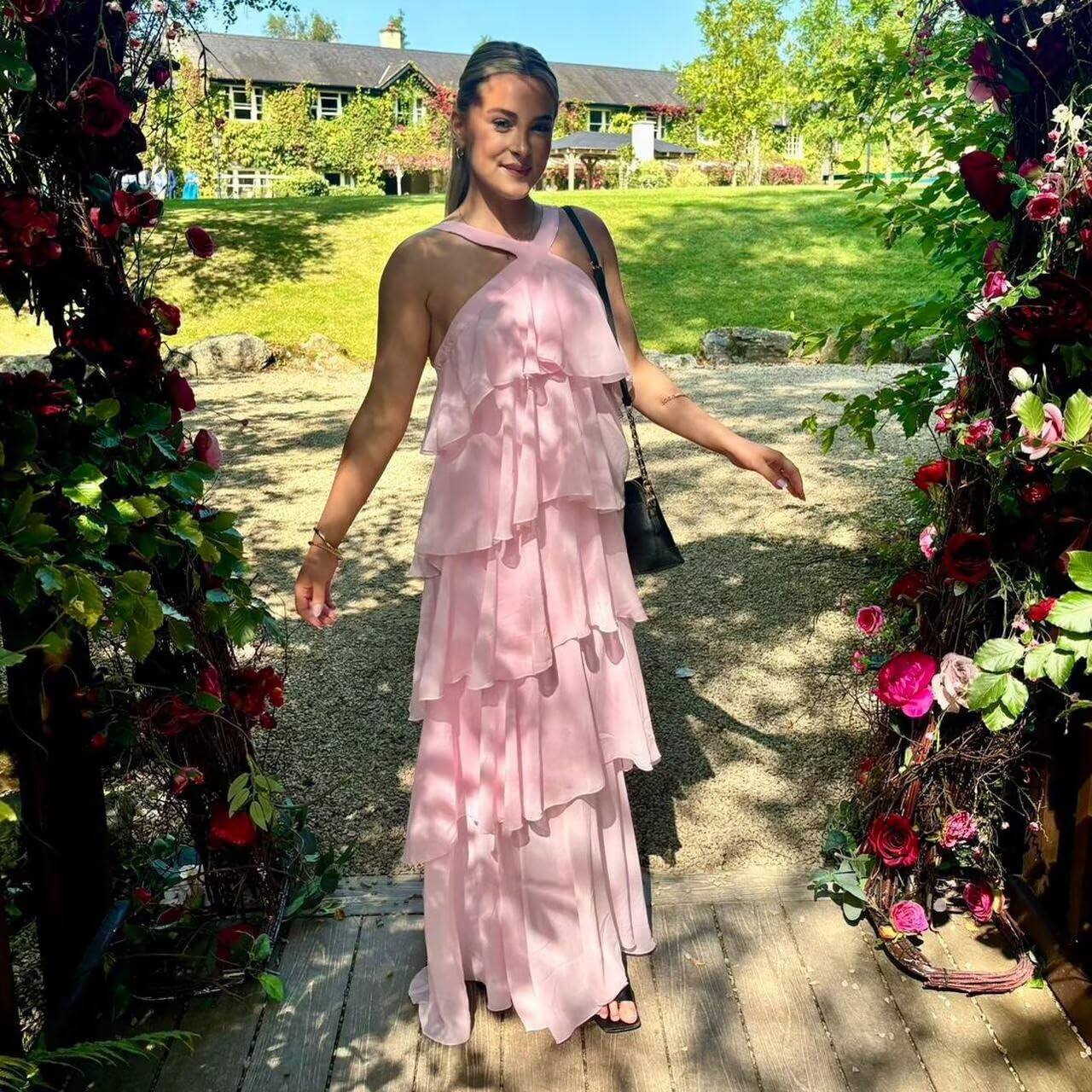 Chiffon Halter Tiered Bridesmaid Dresses Long Aline Formal Evening Party Gowns
