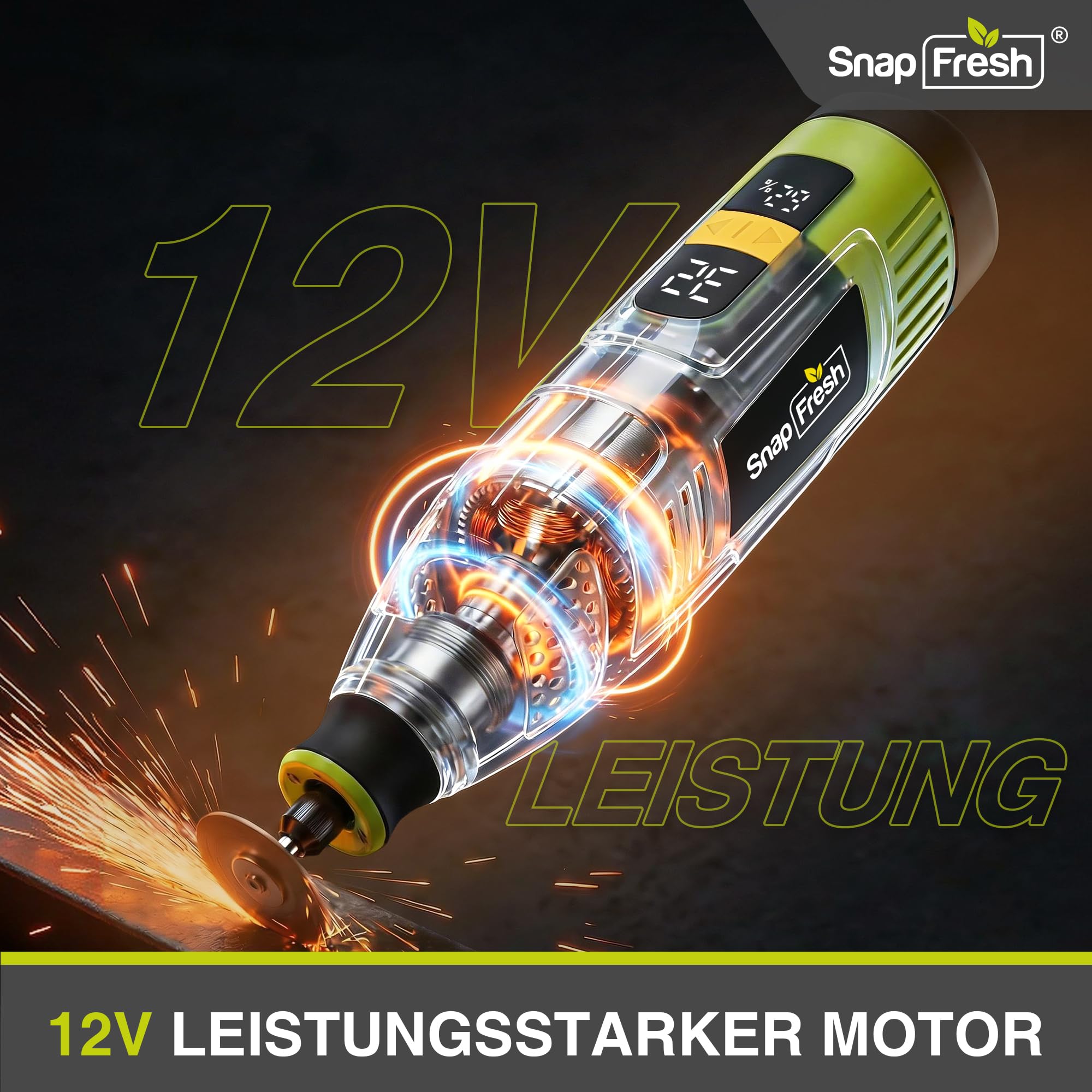 SnapFresh Akku-Rotationswerkzeug 12V Set mit 111 Zubehörteilen, variable Drehzahl 5.000–32.000 U/min, digitales Display & Drehzahlspeicher, zum Schleifen, Gravieren, Polieren & Bohren