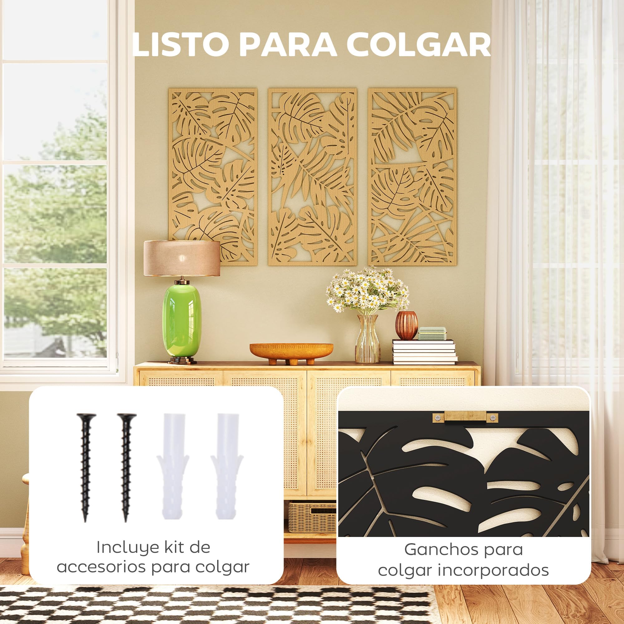 HOMCOM Decoración de Pared de Madera 3D, 3 Piezas, 40x80 cm, Adornos de Pared con Patrón de Hojas Tropicales, Arte Moderno para Salón, Dormitorio, Pasillo, Madera Natural