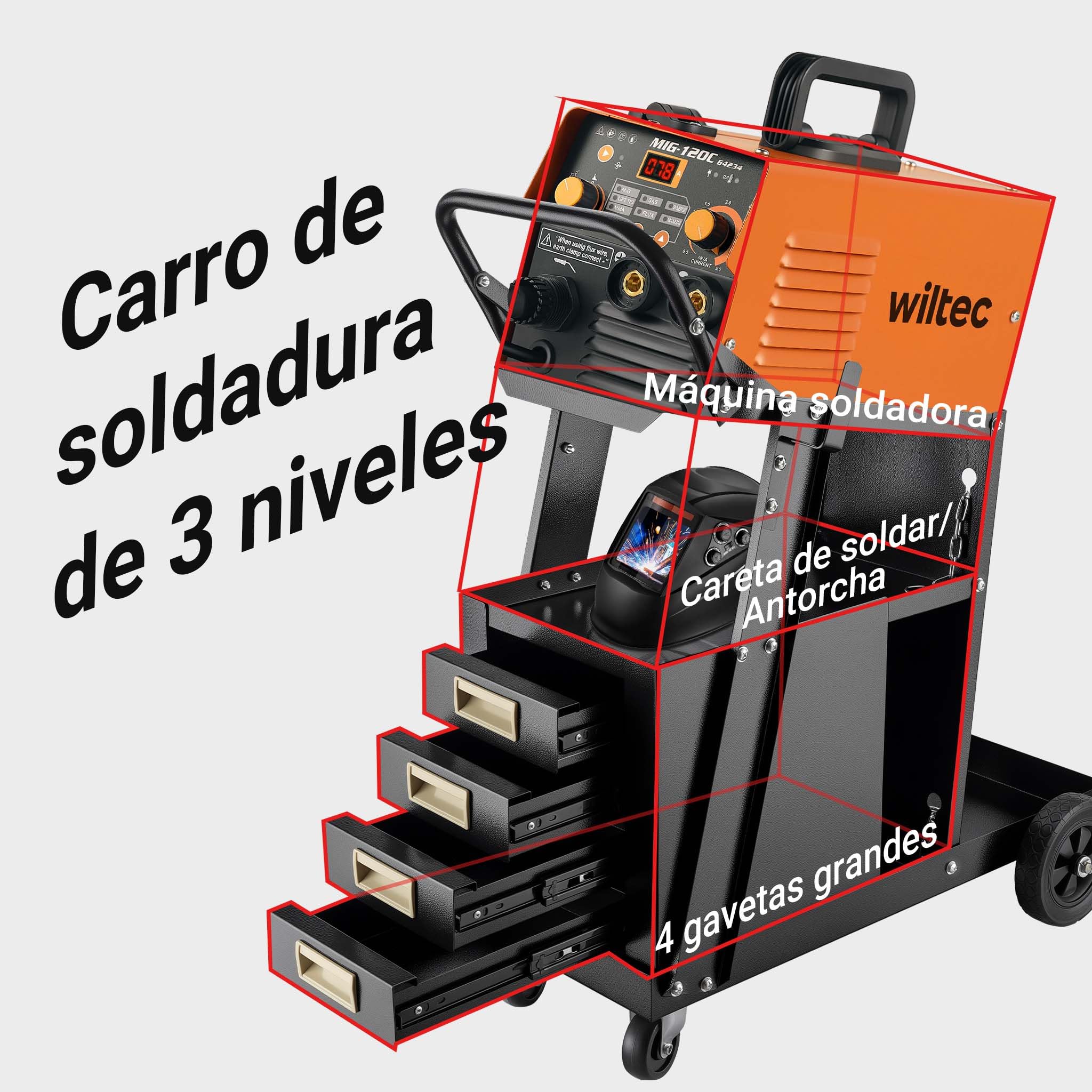 Wiltec Carrito para Equipo de Soldadura 100 kg Hecho de Acero con 4 cajones y Ruedas para fácil Transporte Ganchos para Herramientas Cadenas de Seguridad para bombona Carro para Taller