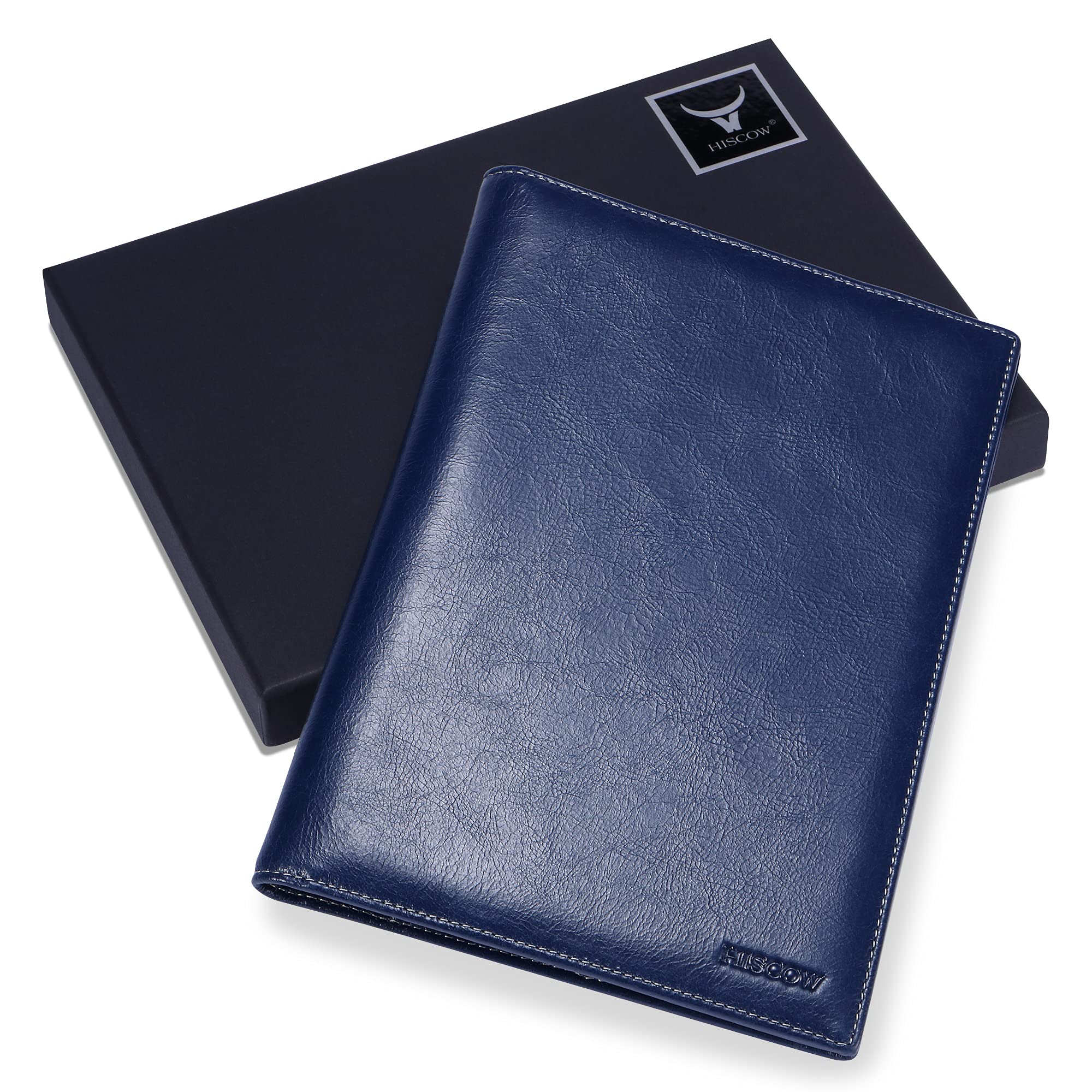 Carpeta de cuero para hombres y mujeres con lazo para bolígrafo, piel de becerro italiana, carpeta de negocios (azul envejecido)