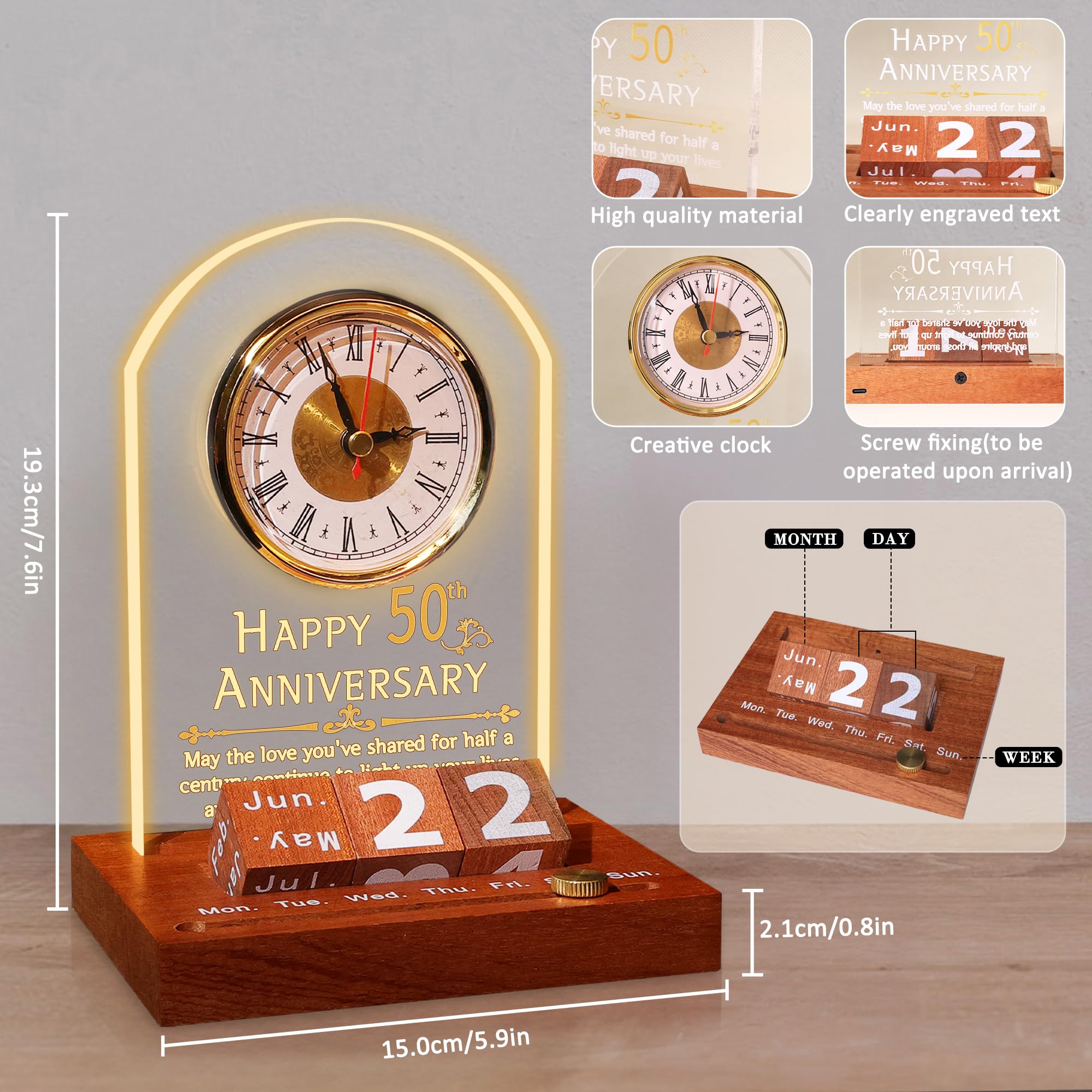 OkiyiD 50° Anniversario di Nozze, Orologio in Quarzo per Anniversario, Orologio da Scrivania, 50 Anni di Matrimonio, Nozze d'Oro per Coppia, Genitori, Nonni (Base in Legno con Luce LED)
