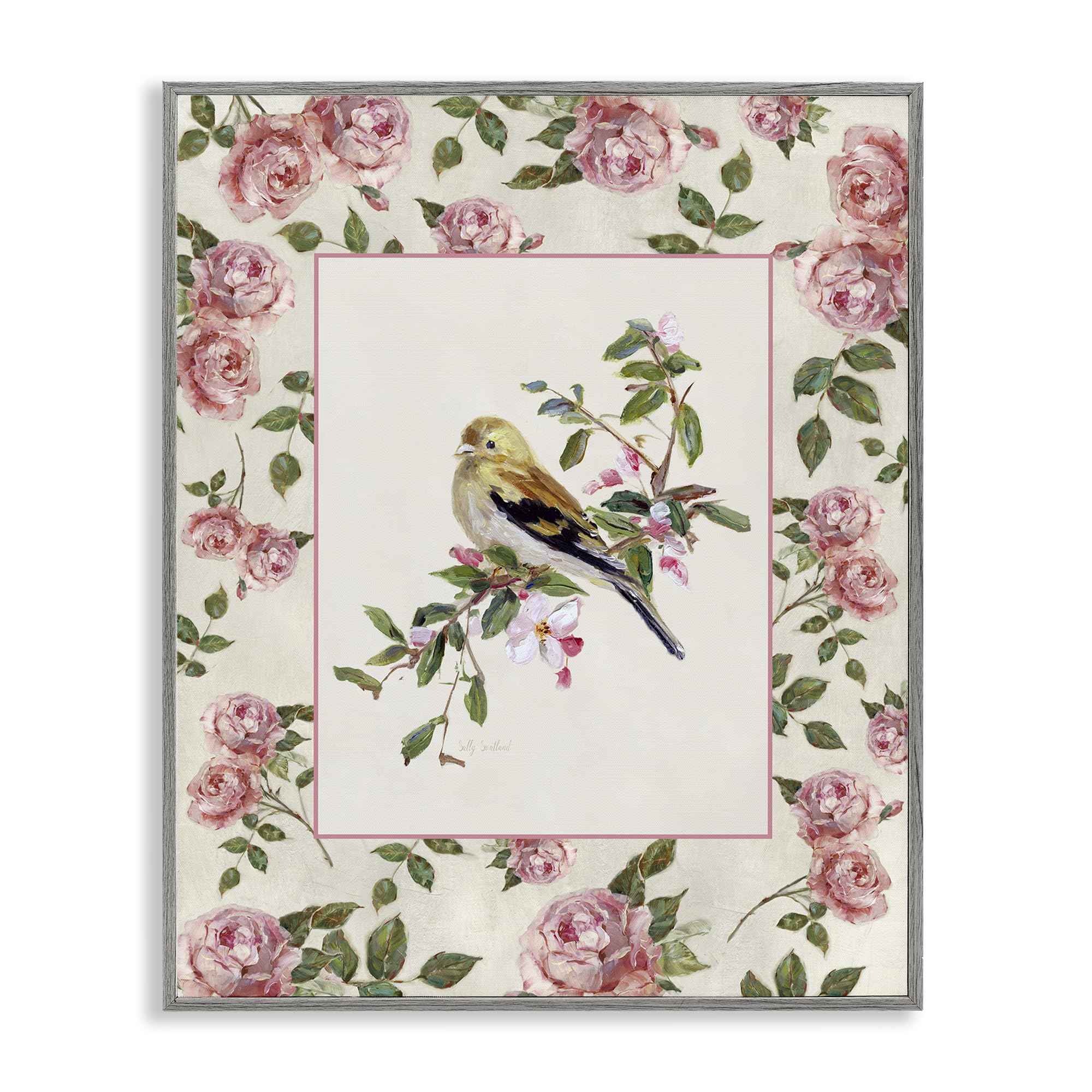 Stupell Industries Farmhouse Gray (Textured) 'Perched Bird With Dainty Roses'| Framed Giclee Art