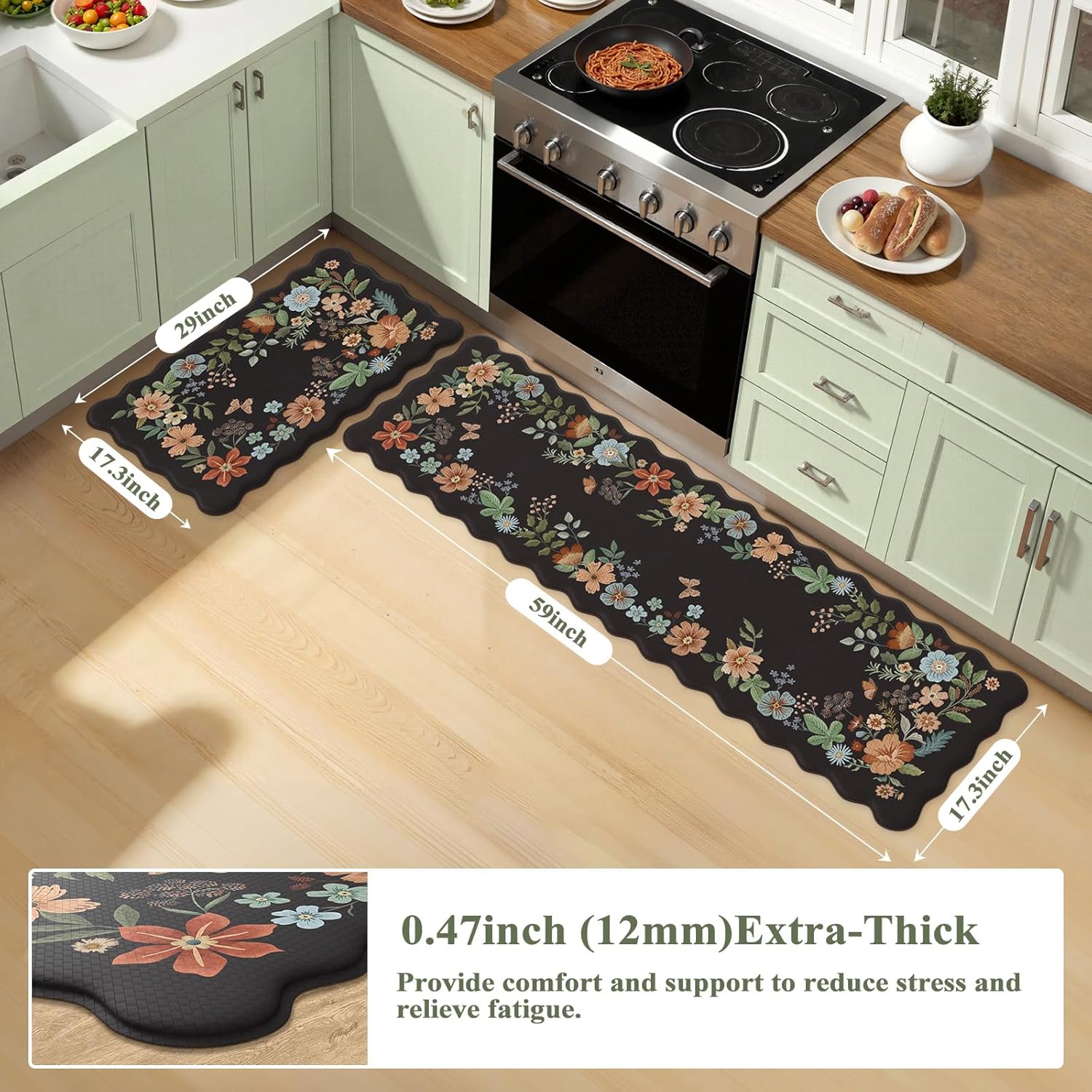 Collive Anti Fatigue Mats for Kitchen Floor, Scalloped Cushioned Comfort Kitchen Rugs Set of 2 Waterproof Non Skid Padded Kitchen Floor Mat, Boho Floral Rug Black Standing Carpet for Office, Laundry