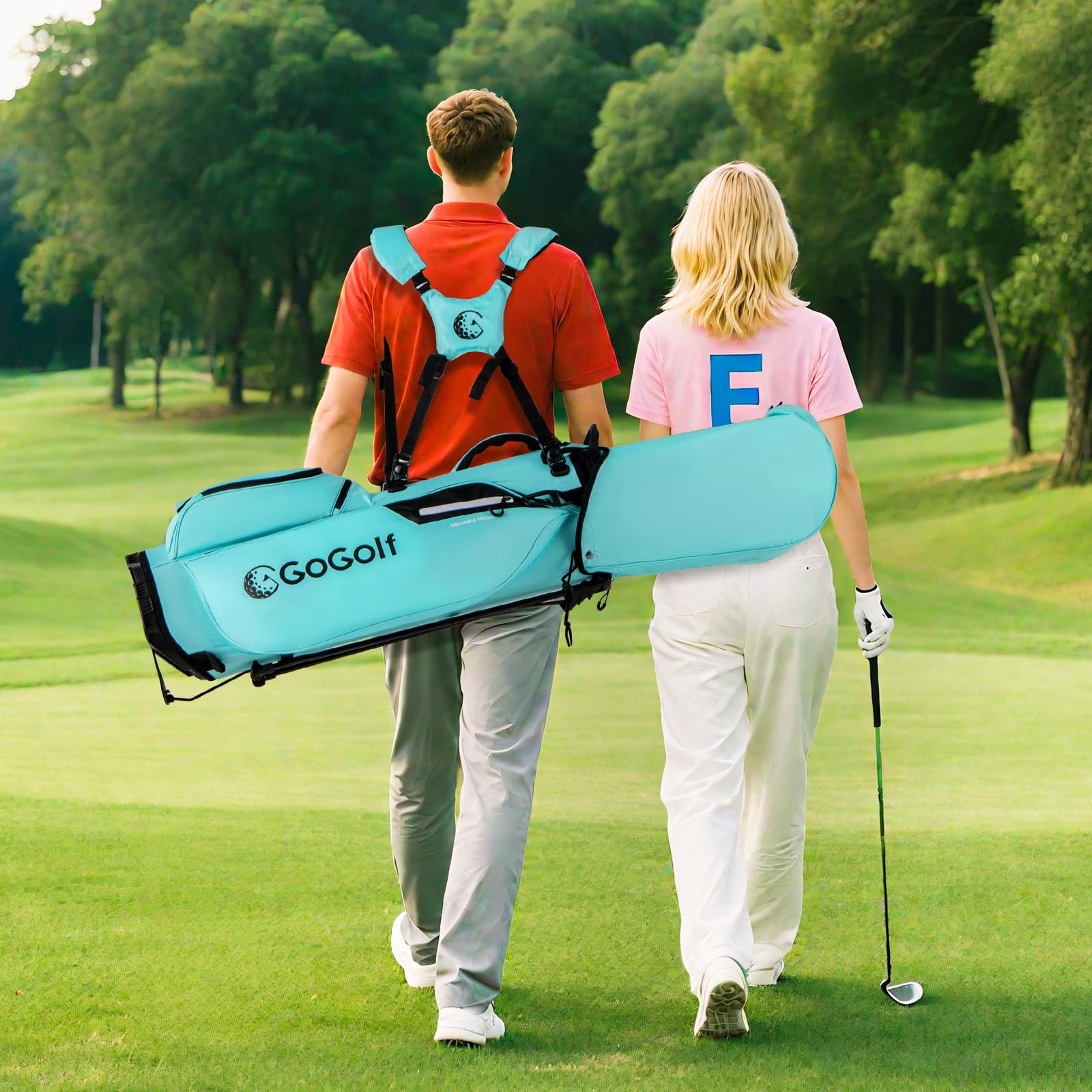 GYMAX Golf-Standtasche, tragbare Golftasche mit 8 Fächern & 5 Taschen, leichte Golftasche mit verstellbarem Doppelträger, Regenschutz, Standbag für Herren & Damen