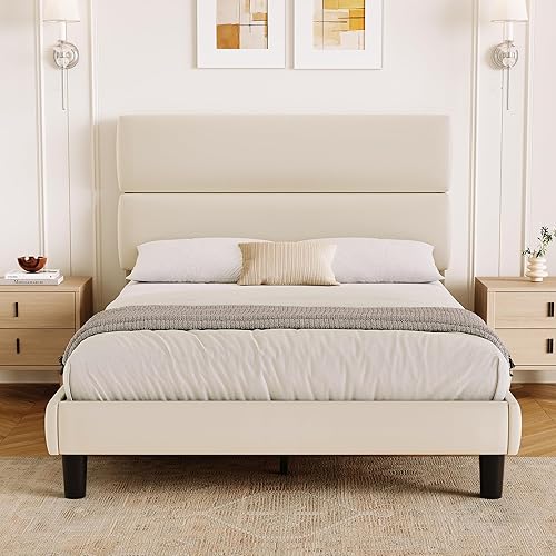 GRUSIGN Base de cama de plataforma de tamaño matrimonial con cabecera de terciopelo, soporte de listones de madera de altura ajustable, base de