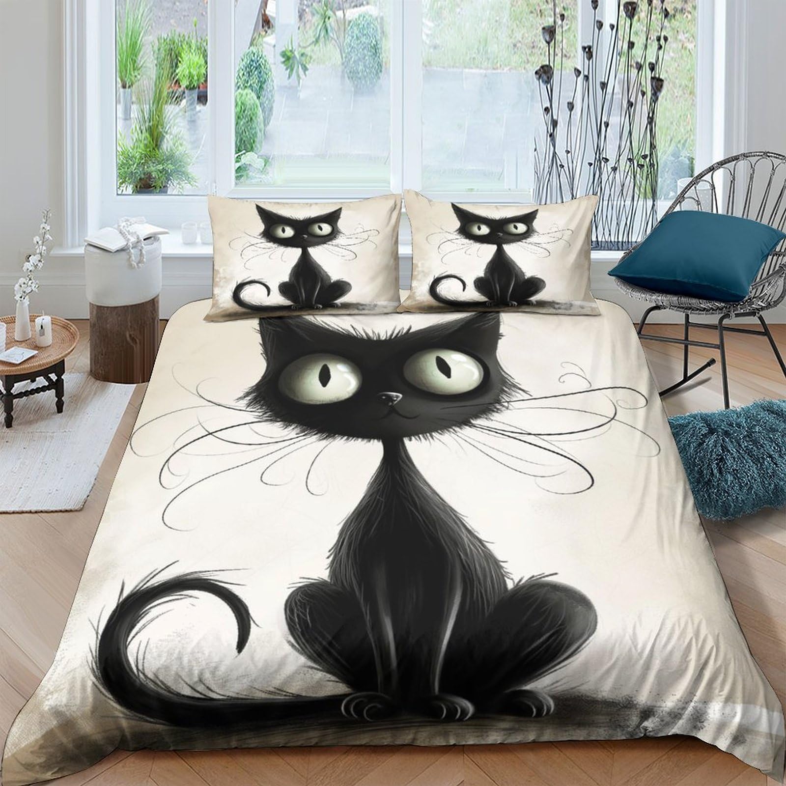 Parure de lit 200x200 chat persan avec housse de couette double et taies d'oreiller zippées