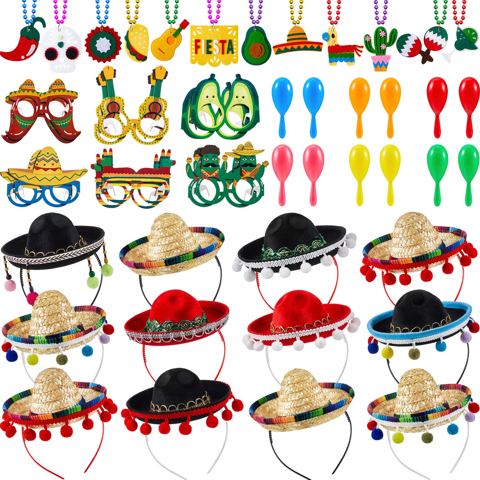 Jexine 48 Pcs Mexican Party Favor Supplies, Sombrero Hats Cinco De Mayo Necklaces Fiesta Eyeglass Mexican Party Decor