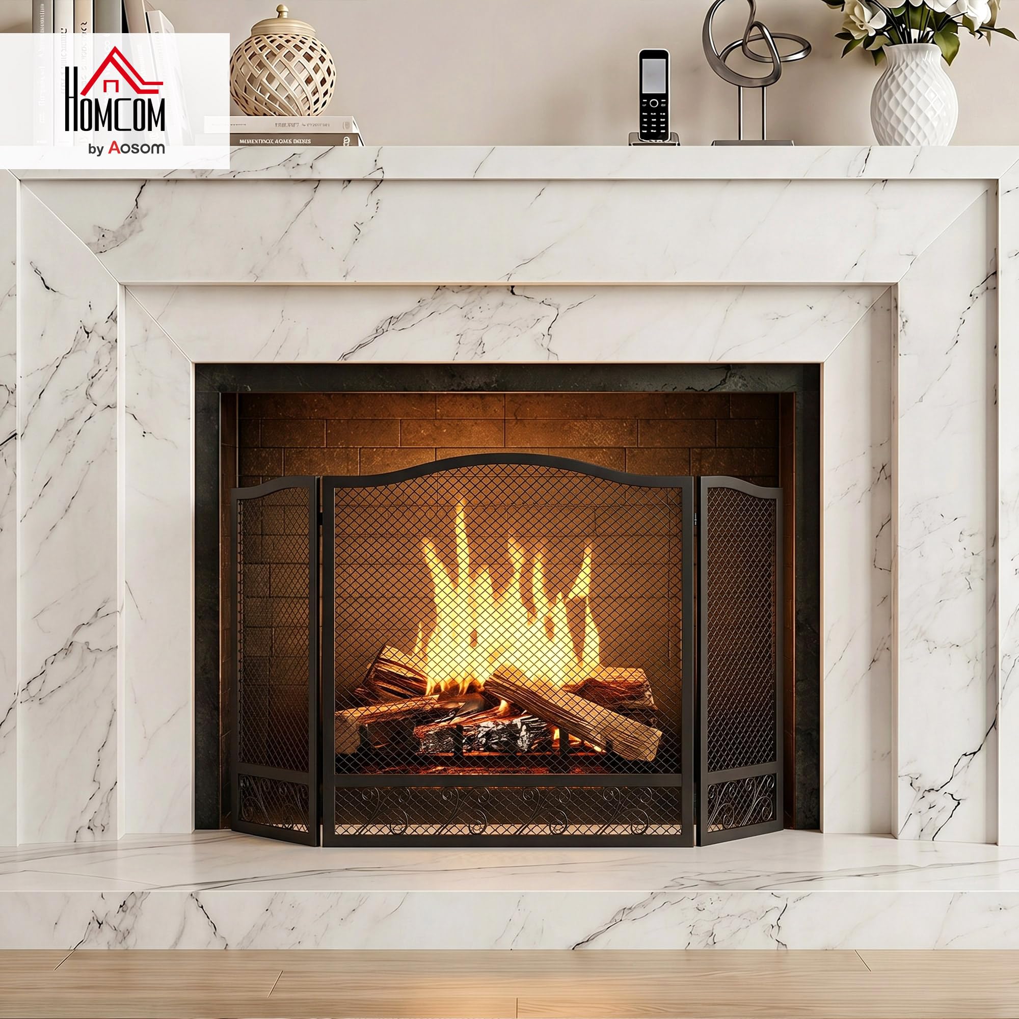 HOMCOM Pare Feu Cheminée Pliable 3 Panneaux 107 x 60 cm Métal Noir