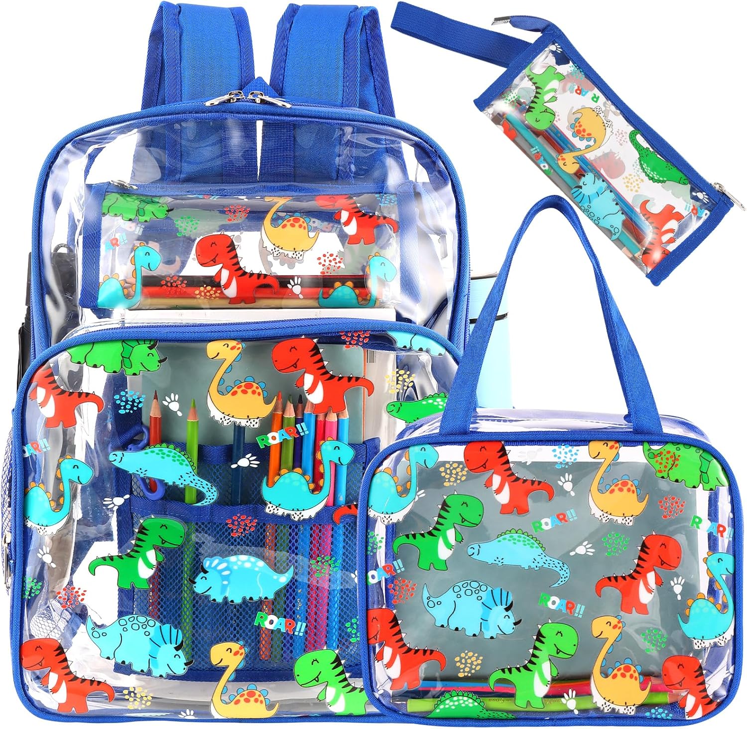 Kolewo4ever 3 Pieces Clear School Backpack Set Back to School Gift Blue Dinosaur Transparent Backpack with Lunch Bag and Pencil Pouch for Girl Boy Kid Heavy Duty Bookbags Middle School Travel Pack
