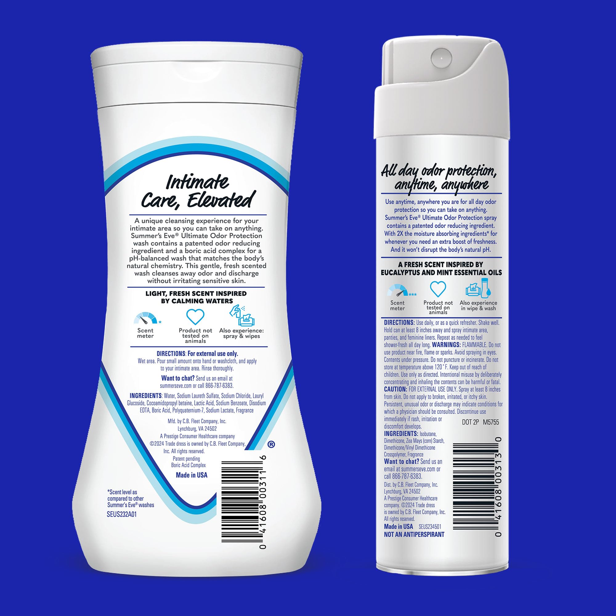 Summer's Eve Ultimate Odor Control Feminine Spray, 2 oz & Body Wash with Boric Acid, 15 Fl Oz