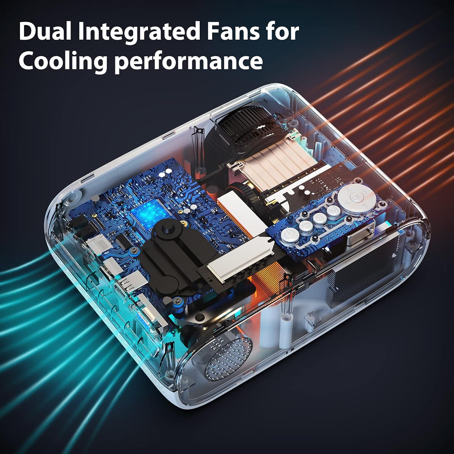 An internal view of the WiMiUS W2 projector, highlighting its dual integrated fans for efficient cooling performance with blue and orange airflow indicators.