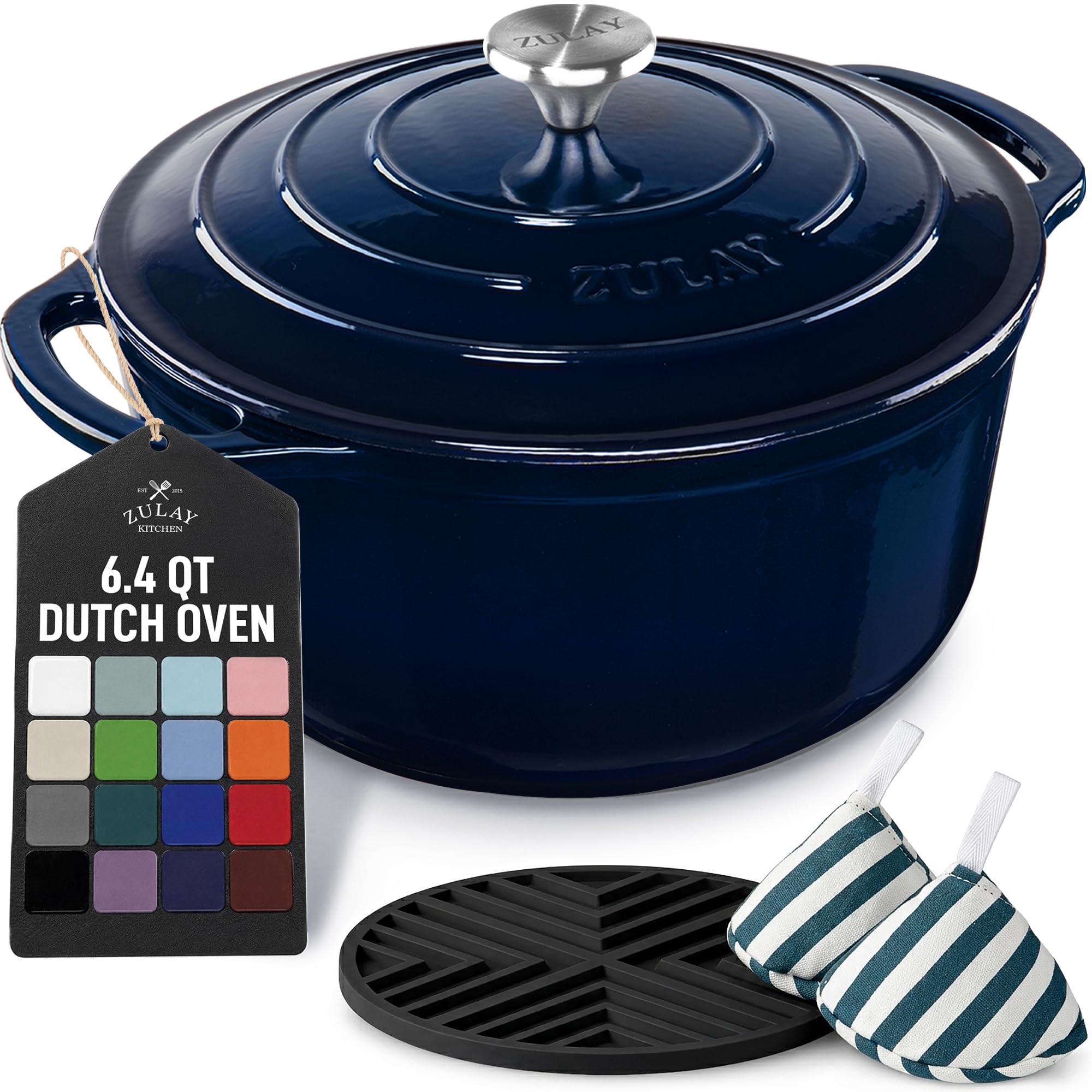 Zulay Kitchen 6.4QT Enameled Cast Iron Dutch Oven Pot with Lid, Heavy-Duty Soup Pot for Stews, Braising, Roasting &amp; Sourdough Bread Baking, Oven Safe up to 500°F - Lapis Lazuli