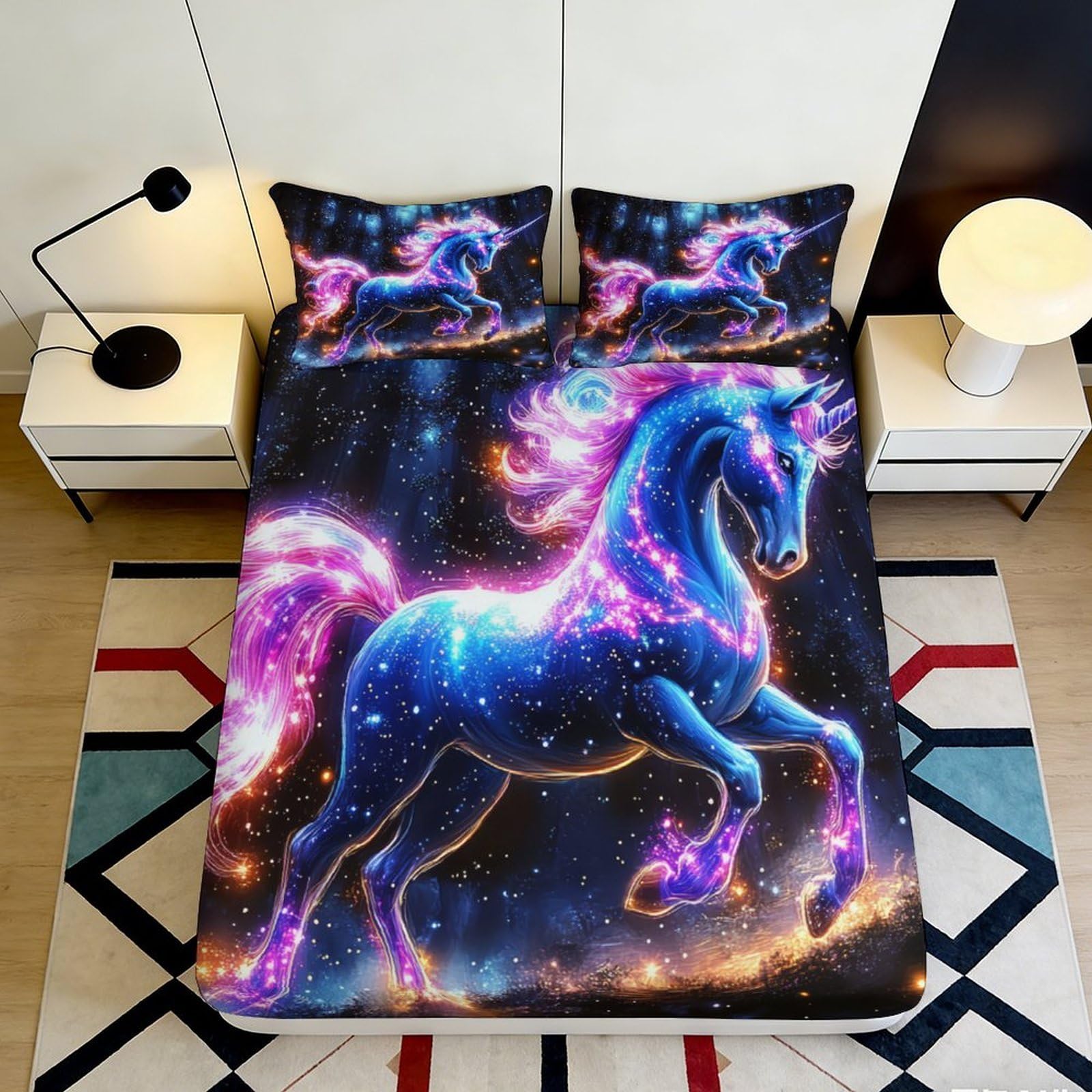 3D Printed Galaxy Starry Sky Fitted Sheet Microfiber Soft Unicorn Mattress Cover for Bedroom Dorm Decor Protection 90x200x25cm