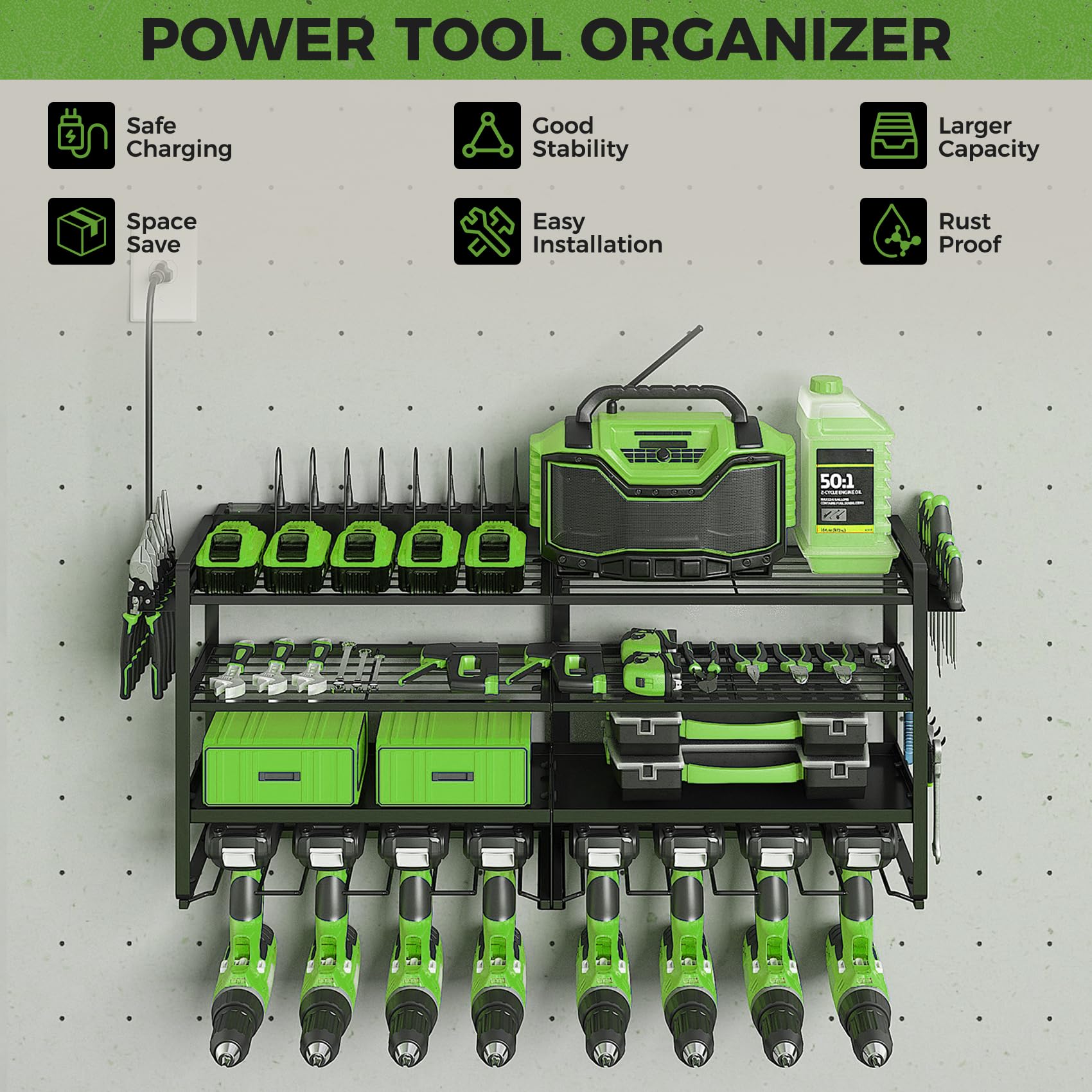 Max Loads 400lbs Power Tool Organizer Wall Mount, 4 Layer Garage Organization with 8 Cordless Drill Holder?Heavy Duty Metal Tool Storage Rack with 8 Outlet Power Strip for Room, Workshop