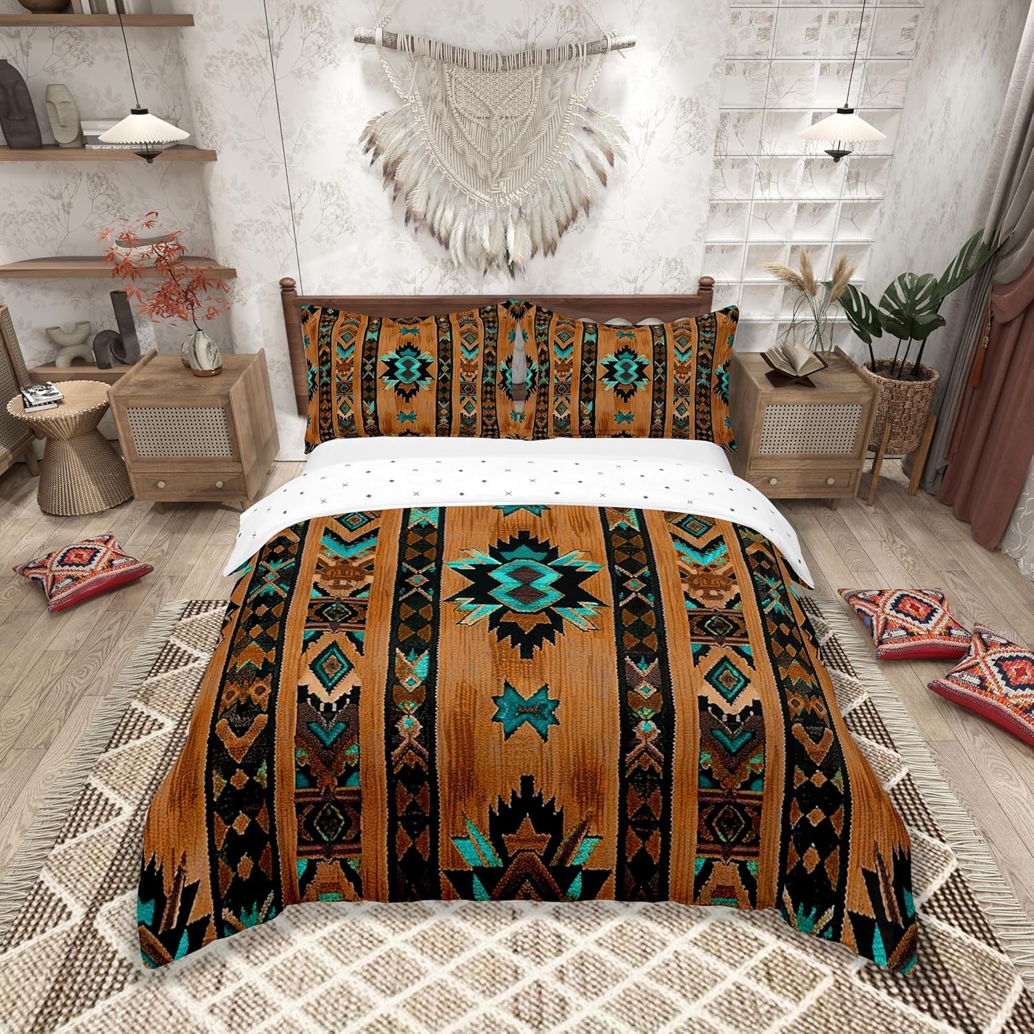 Homemissing Brown Bohemian Bedding Set Super King Size Geometric Southwest Tribal Style Duvet Cover Set Native American Indian Design Duvet Cover with 2 Pillowcases Stripes Line Boho Bed Set โ image 1
