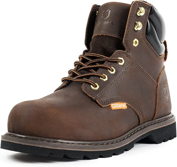 Clitenk Steel Toe Boots for Men Waterproof, 6" Oiled Full Grain Leather Slip on Work Boots, Non-Slip, Puncture-Proof, Breathable, Comfortable Outdoor Lightweight Mens Work Boots