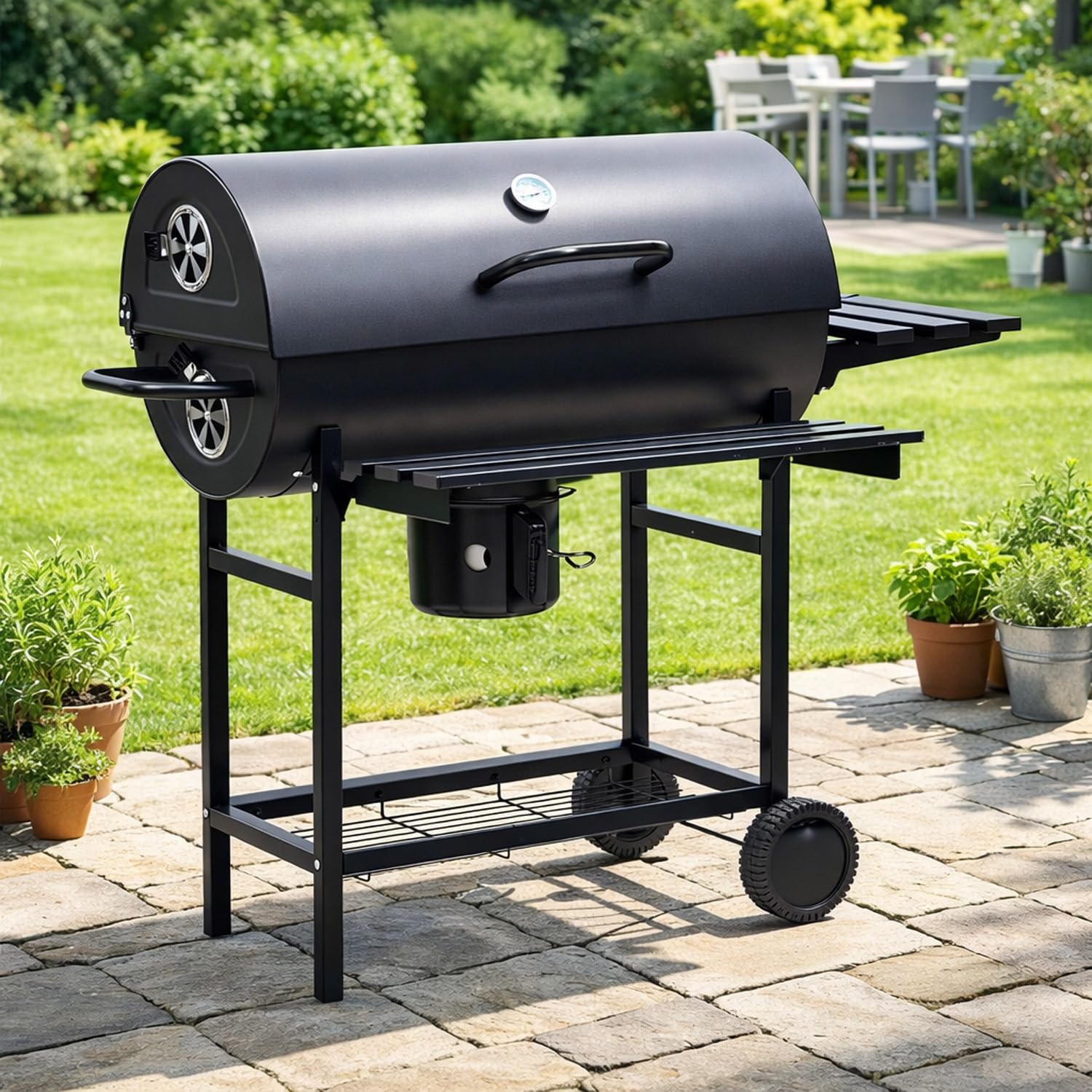 Barbecue A Carbone Con Coperchio Termometro Integrato Grill BBQ In Acciaio Con Ruote Ripiani E Ventilazione Regolabile Pinza E Guanti Ideale Per Giardino Terrazzo E Balcone 112 x 63.5 x 97 Cm Nero