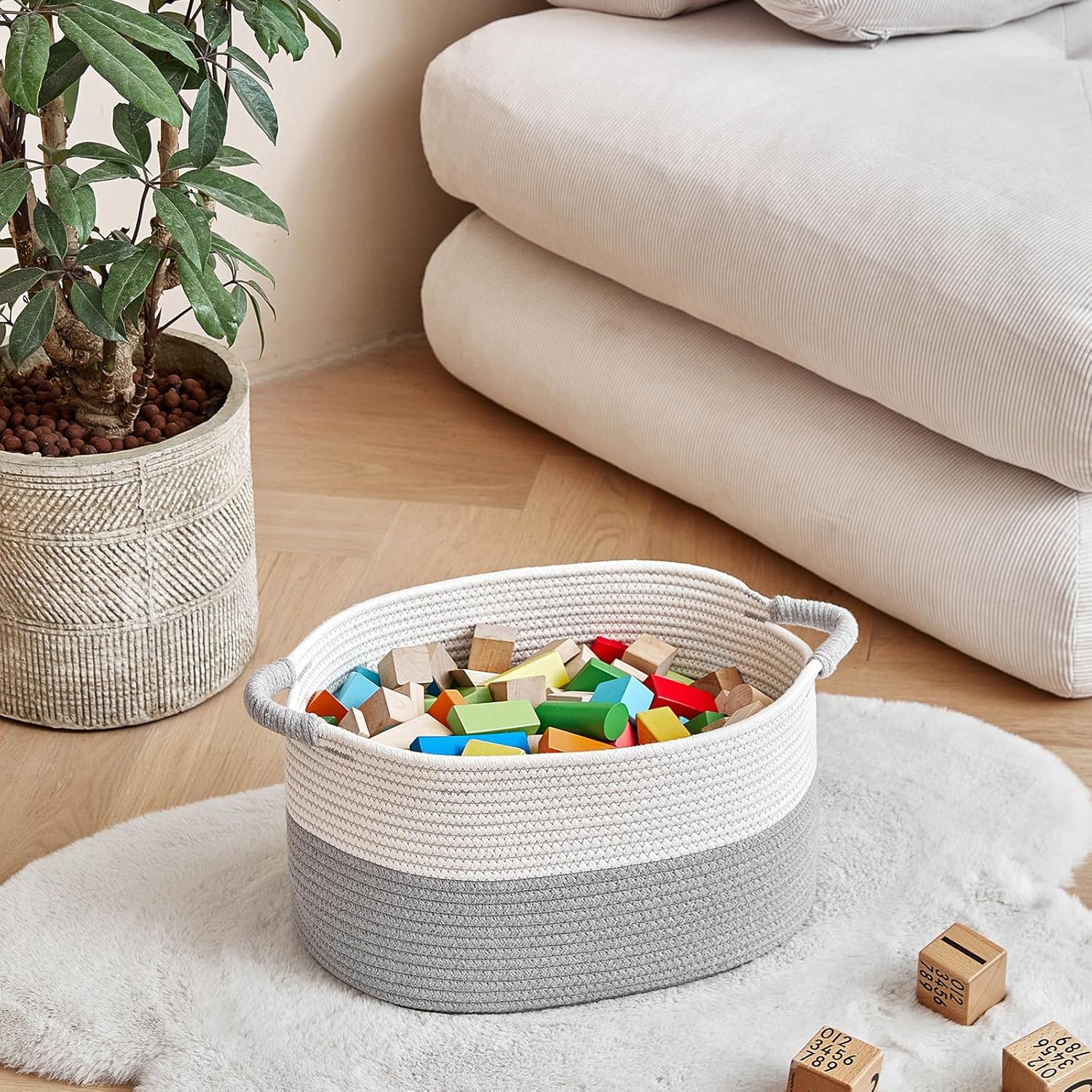 R RUNKA Storage Baskets for Organizing | 15"x10.2"x9.1" - 1 Pack Nursery Bin with Handles - Woven Cotton Rope Baskets for Dog Toys, Books, Shelf, Bathroom,Closet -Stylish Storage |White & Grey
