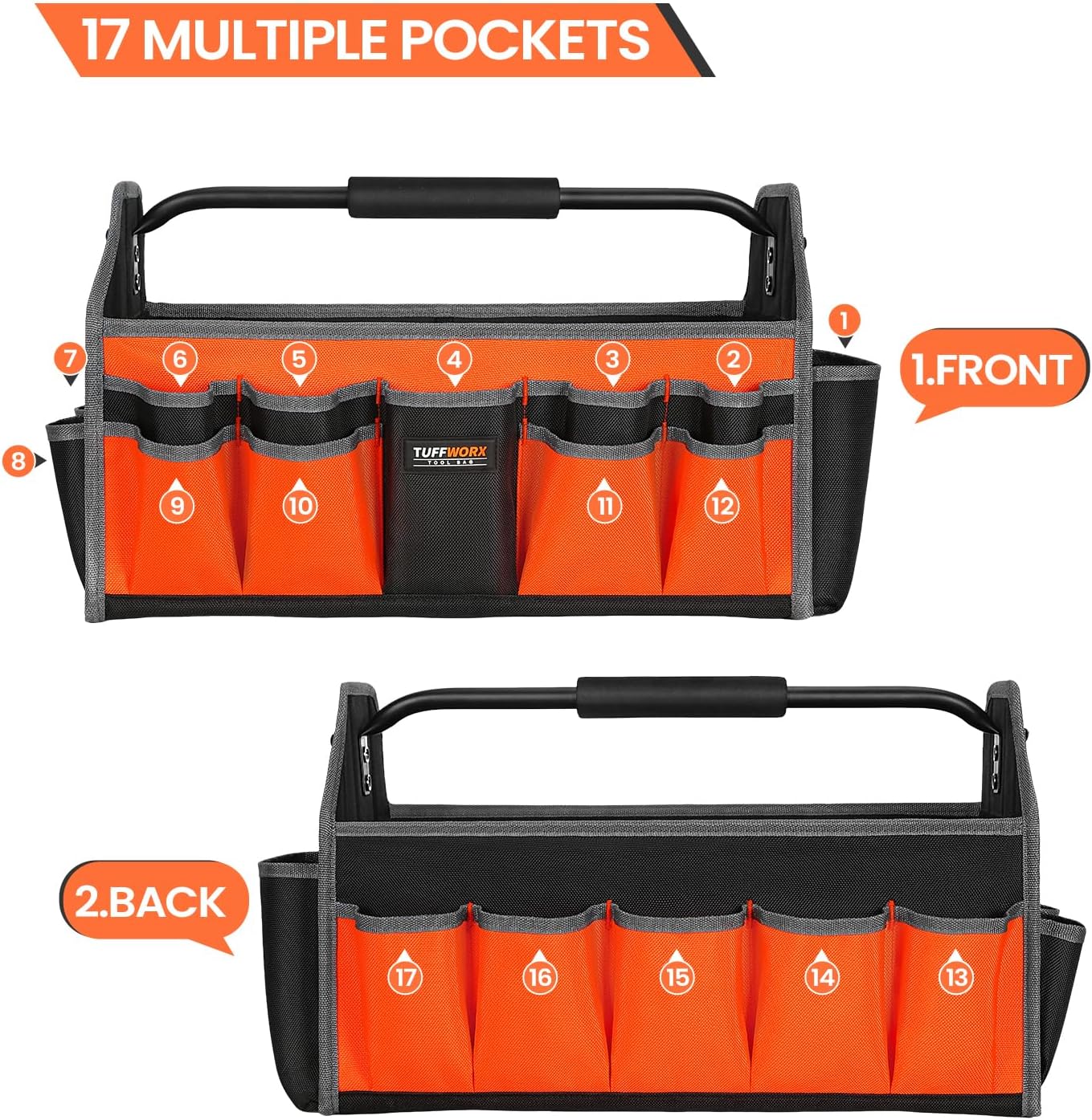 Tool Tote Bag, 15-Pocket Storage Organizer, Heavy-Duty Handle, Orange and Black