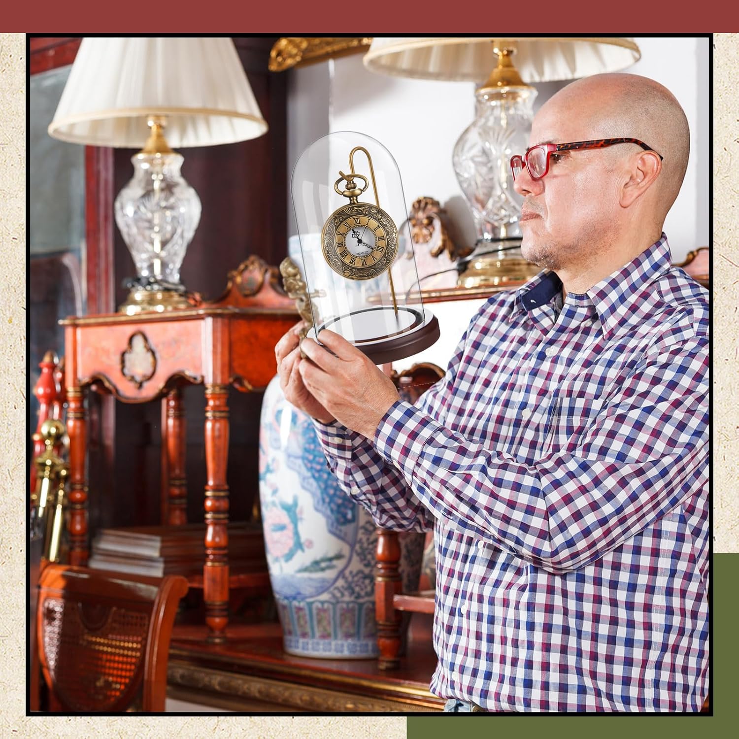 2 Pcs Pocket Watch Glass Display with Hooks Dome Cloche with Wood Base Christmas Decorative Showcase for Watch Plants Medals Photos Collectibles(Reddish Brown,4" X 7",Dome Style)