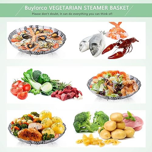 Miniatura 5 de Buylorco Cesta de vapor plegable de acero inoxidable para verduras, utensilios de cocina para cocinar verduras y mariscos (se ajustan a ollas de 7 a