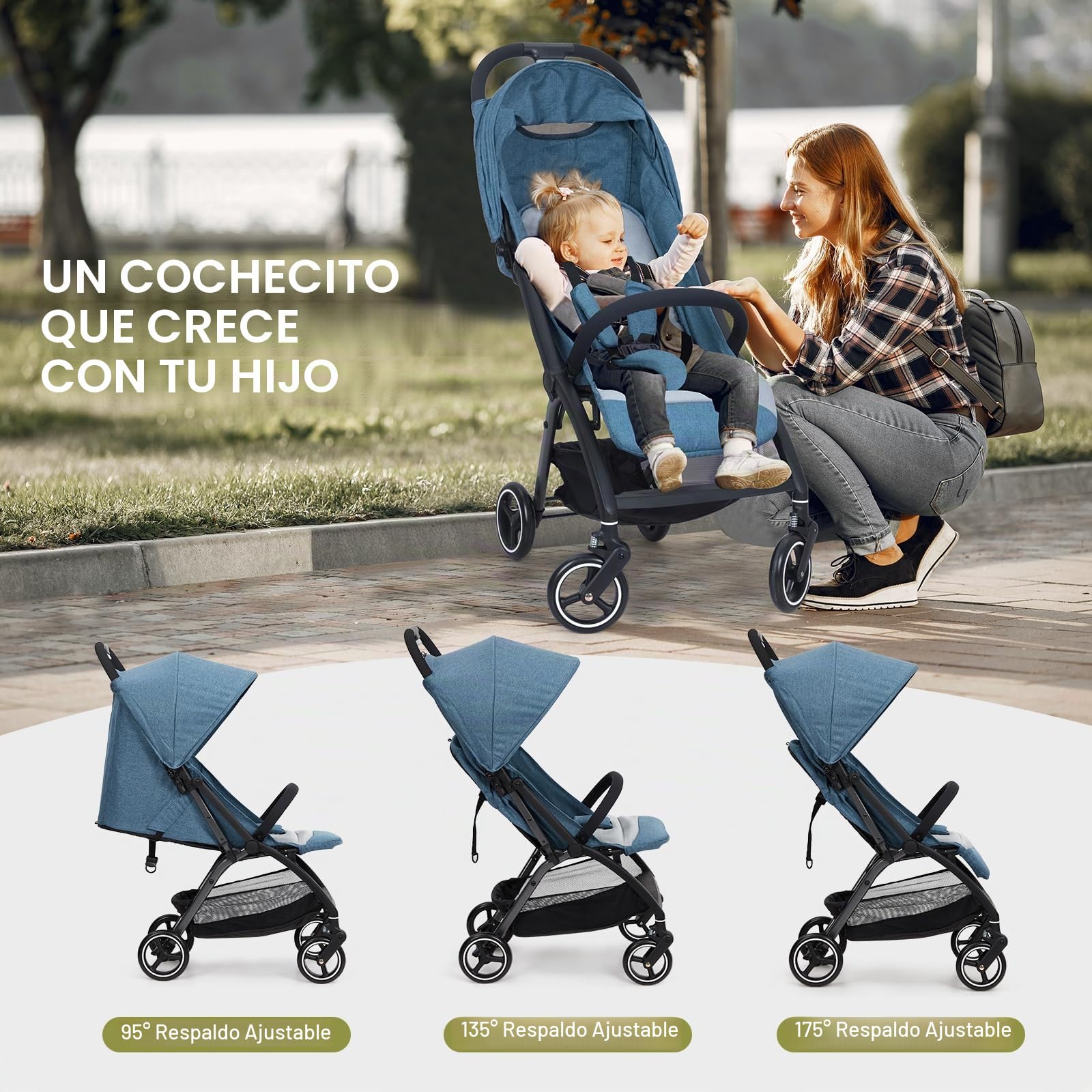 GarveeHome Cochecito de bebé plegable - Respaldo regulable hasta 175° - Ruedas EVA con amortiguación - Hasta 22 kg - Arnés de 5 puntos - Cesta de almacenaje grande - baby stroller para todo terreno