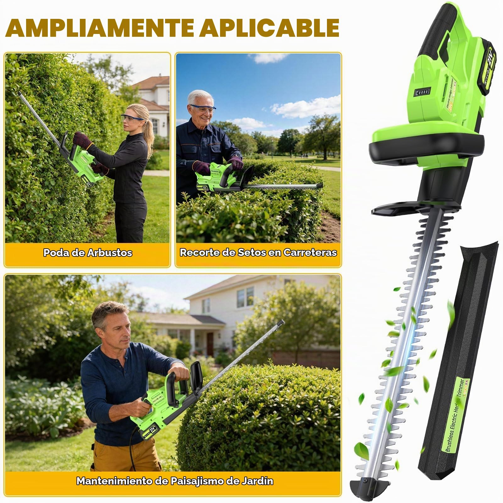 Cortasetos Bateria, Cortasetos Electrico 21V, 800W con Cuchilla De Acero 70mn4 De 50 Cm, Corte Bidireccional De 16 Mm, 2 Baterías De 4000mah, Protector De Seguridad para Jardín y Arbustos