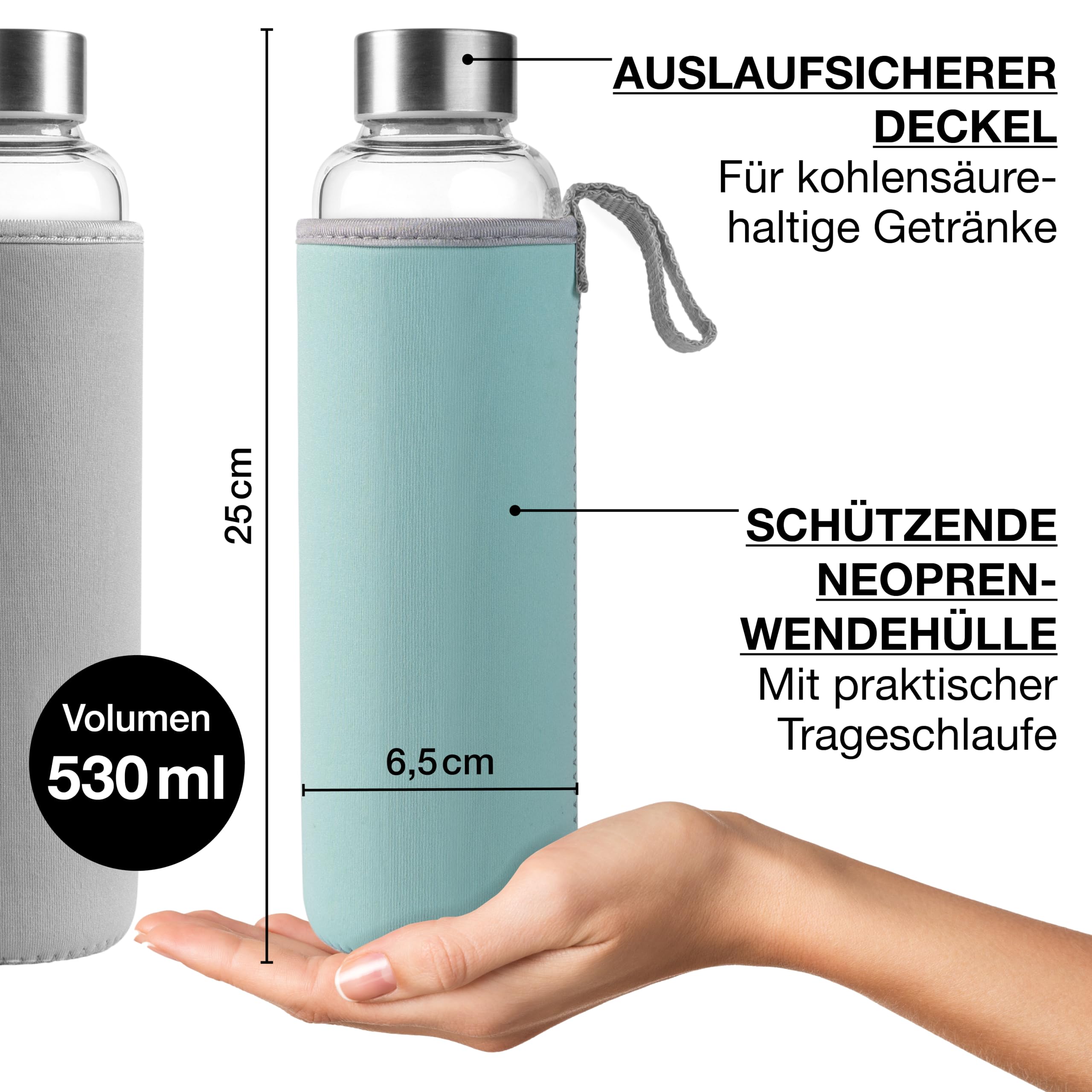 Moritz & Moritz Szklana butelka do picia 500 ml – nadaje się do napojów gazowanych i szczelna – szklana butelka do uprawiania sportu, szkoły, na uczelnię lub do pracy – z ochronną dwustronną poszewką