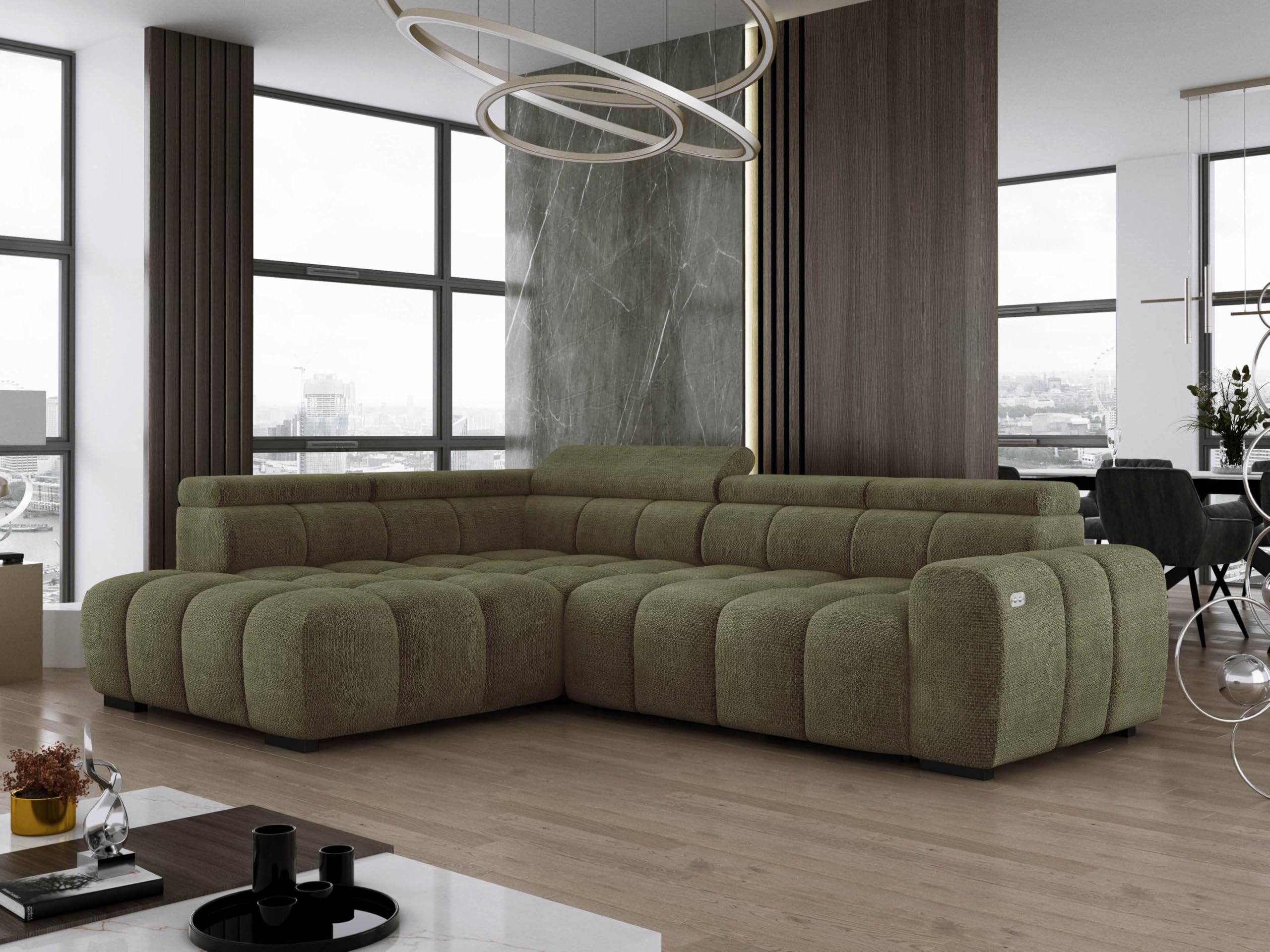 DomoHome Freistehend Ecksofa Ombo 297x137cm, L-Form, GRÜN mit Schlaffunktion 125x193cm, Sofa mit Verstellbarer Rückenlehne, Strukturstoff Eden, Verstellbare Kopfstütze