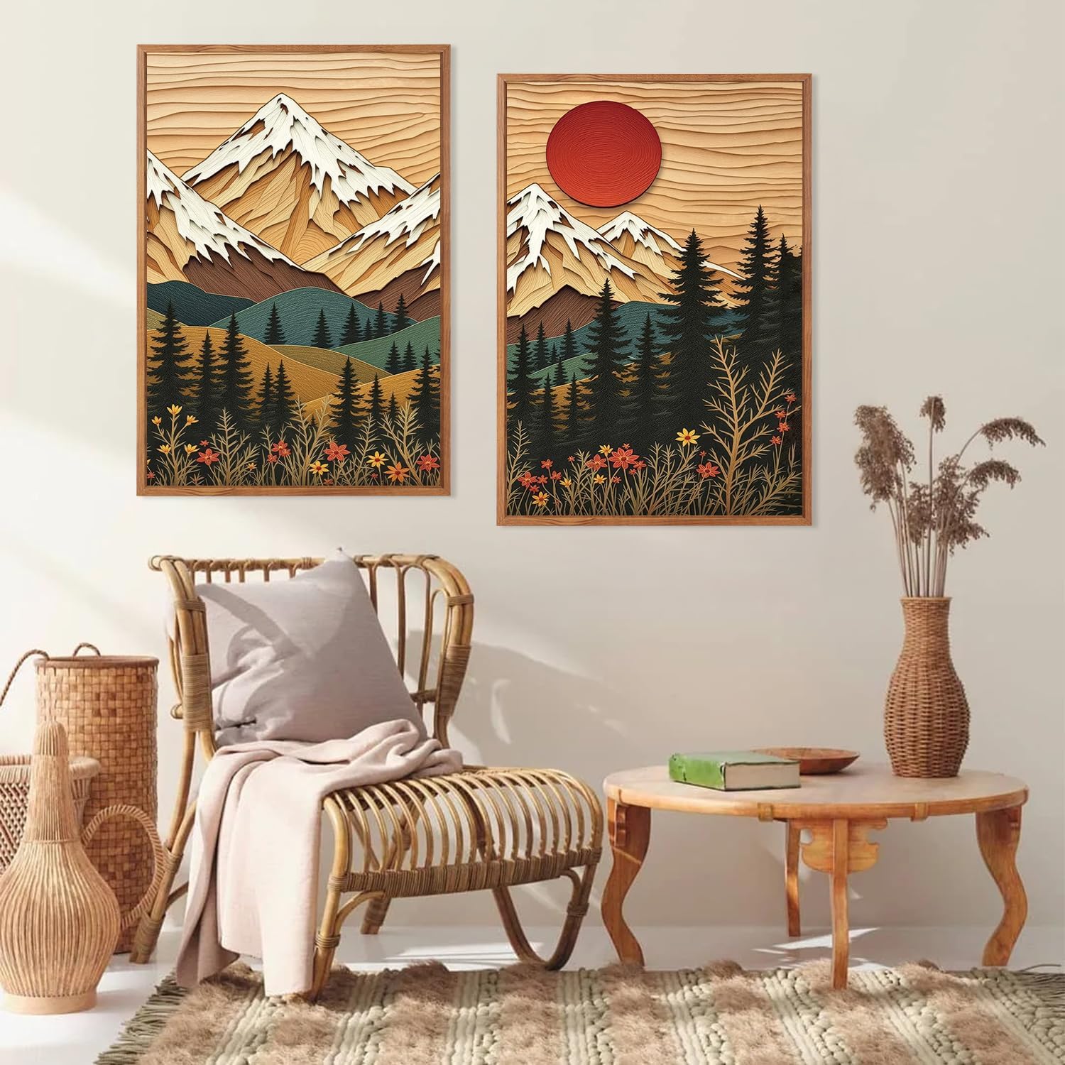 LHIUEM Vintage Woodcut Mountain Framed Canvas Wall Art,Forest Pine Tree Boho Wall Decor,Wilderness Sunset Landscape Artwork for Living Room,Bedroom,Dining Room,Office -16"x24"x3