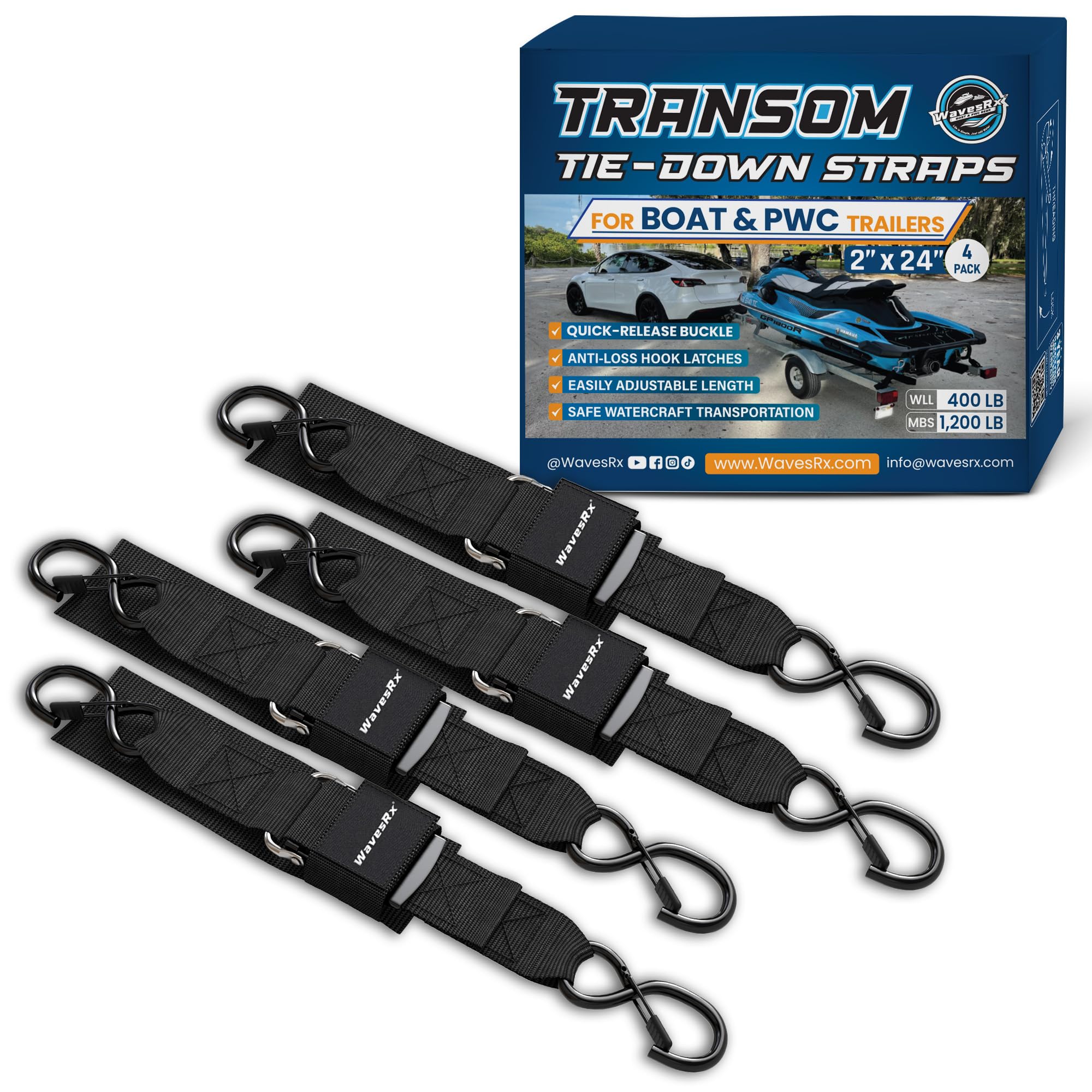 Jet Ski & PWC Boat Trailer Transom Straps (4PK) - 24" Tie Down Adjustable Boat Strap for Trailer - Outperforms Ratchet & Retractable Tie-Down Strap - Transom Tiedowns for Secure Transportation